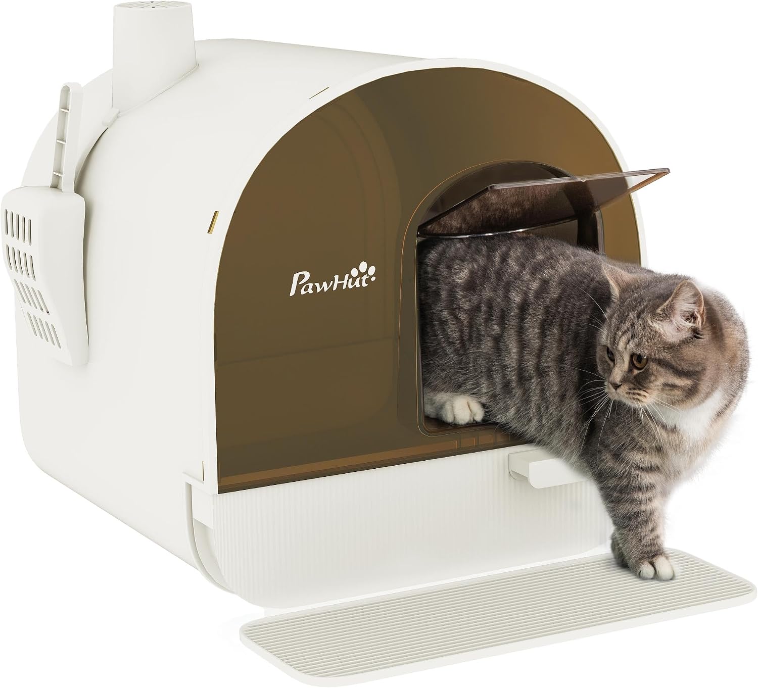 Detalle de PawHut bac à litière pour chat maison de toilette avec porte battante, pelle et filtre inclus (43 × 44 × 47 cm) – Blanc