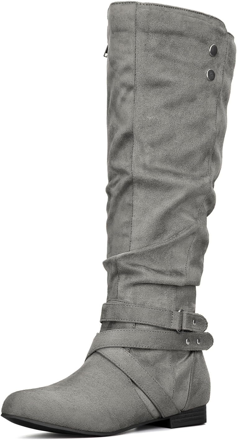 Detalle de mysoft Women's Knee-High Slouchy Flat Boots with Suede, Side Zipper and Buckles