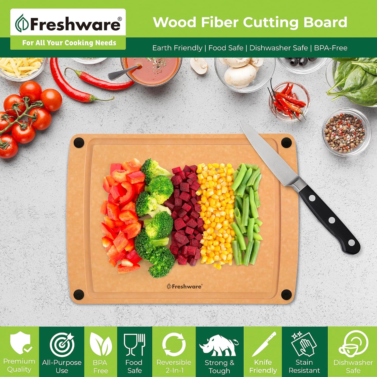 Detalle 2 de Freshware Wood Cutting Boards set with juice groove 12"