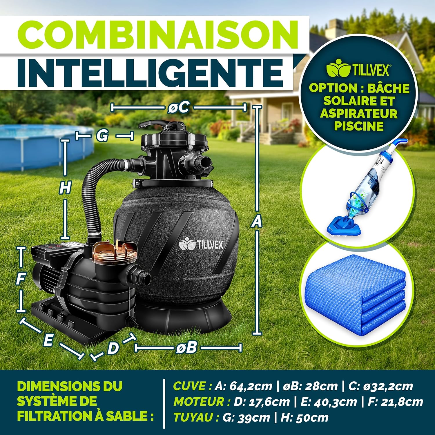 Detalle de Système de filtration à sable tillvex AquaBlack Pro 10m³/h avec vanne 7 voies, indicateur de pression et minuterie