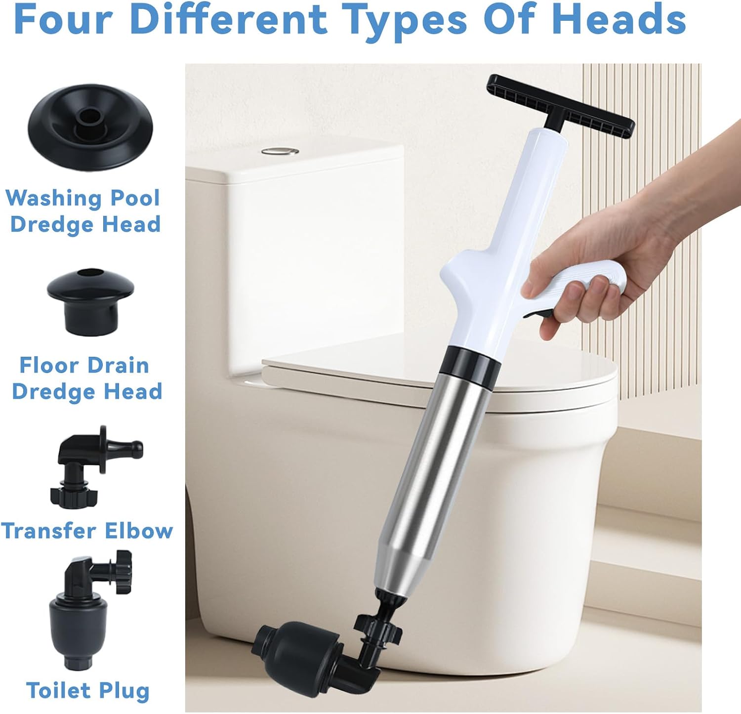 Detalle 2 de Pulitore Tubi ad Alta Pressione (4 Adattatori) – Sgorgatore ad Aria con Manometro per Lavandini, Toilette, Docce e Cucina