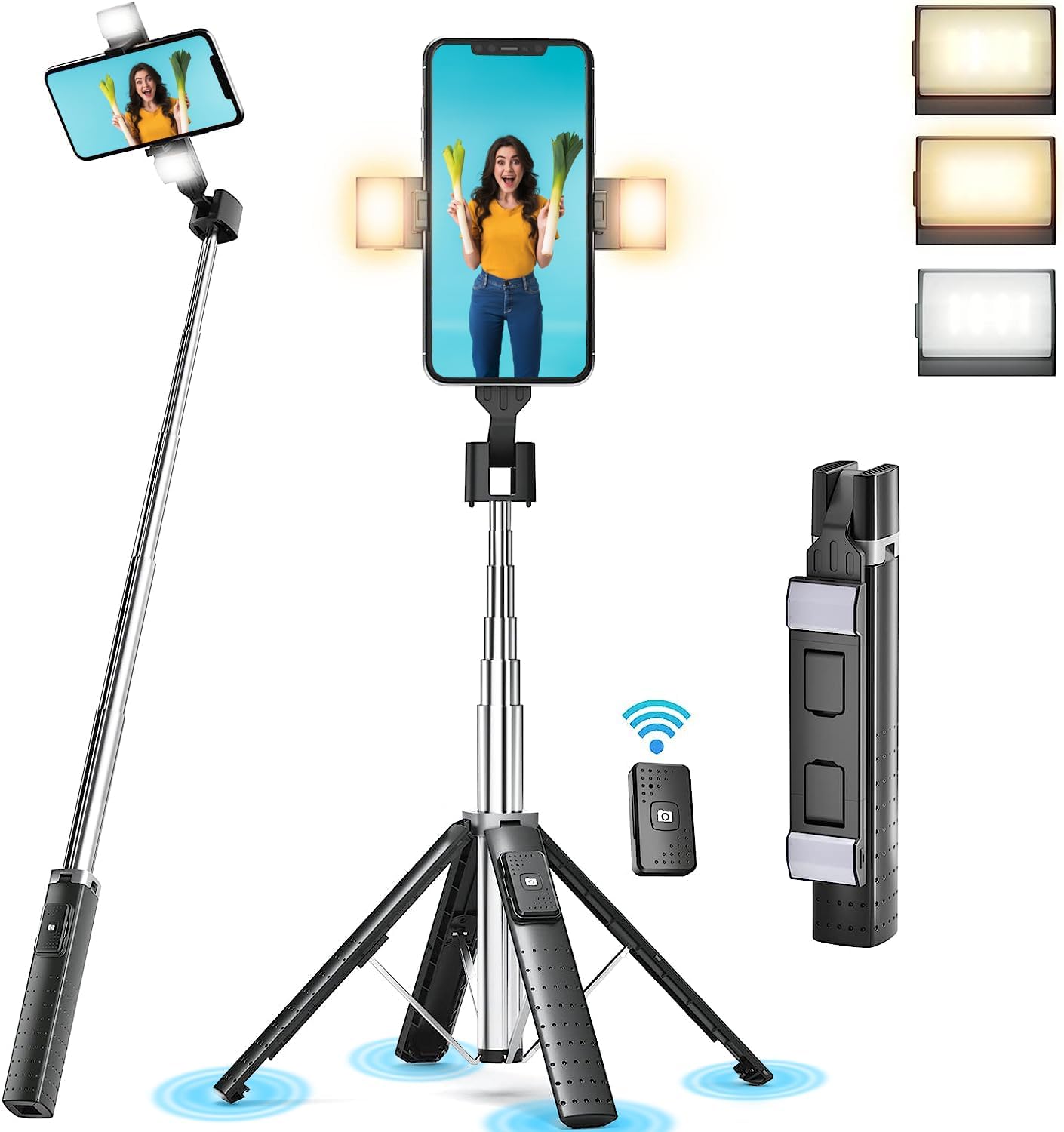 Detalle de Selfie Stick Tripod Quadrapod with Fill Light and Bluetooth Remote – 4-Leg Stability, Stainless Steel, iPhone & Android