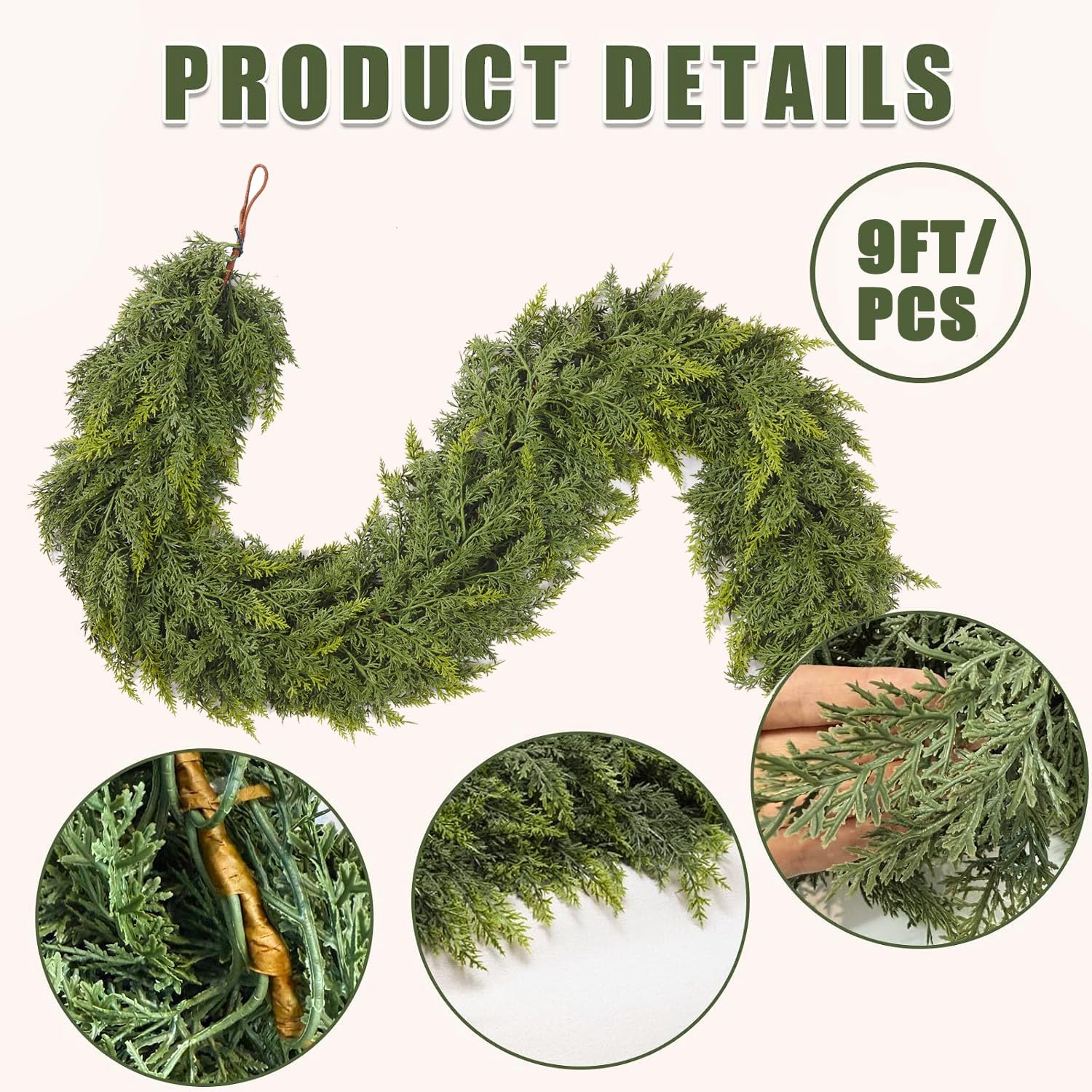 Detalle de KIWDY DC-011 9-Foot Christmas Cedar Garland, Unlit PE Greenery
