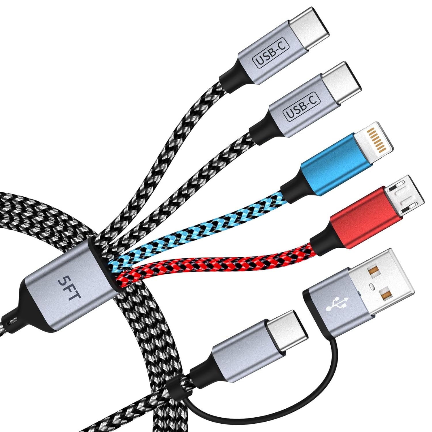 Detalle de 4 in 2 Multi Charging Cable with Dual Type-C Port – 5FT USB A/C Charger for iPhone, Android, Tablets