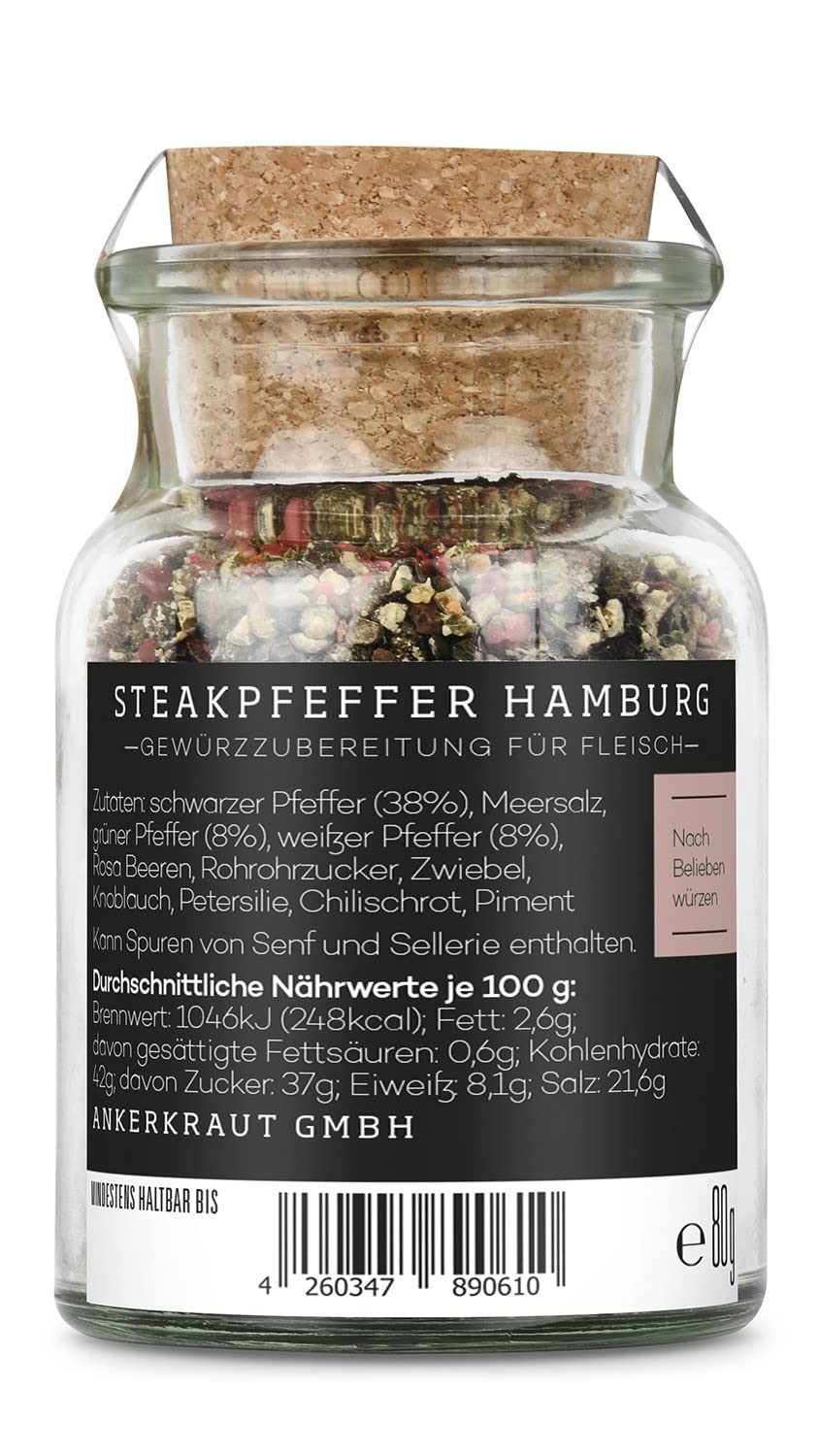 Detalle 2 de Ankerkraut Steakpfeffer Hamburg – Grober Pfefferkörner-Mix im Korkenglas (80 g) für Steak und Allround-Küche