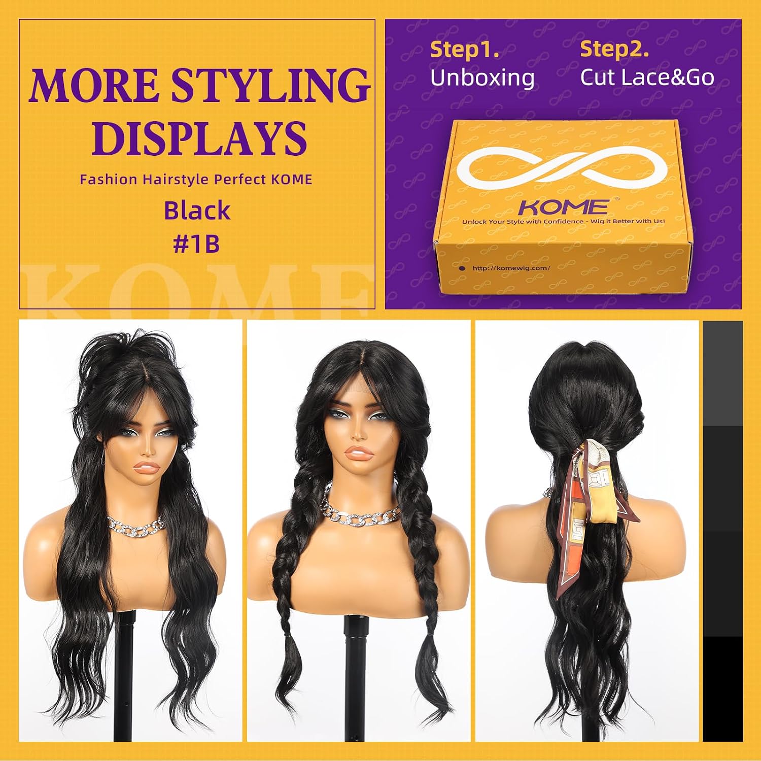 Thumbnail 5 de KOME 28-Inch Black Wavy Synthetic Lace Front Wig with Bangs