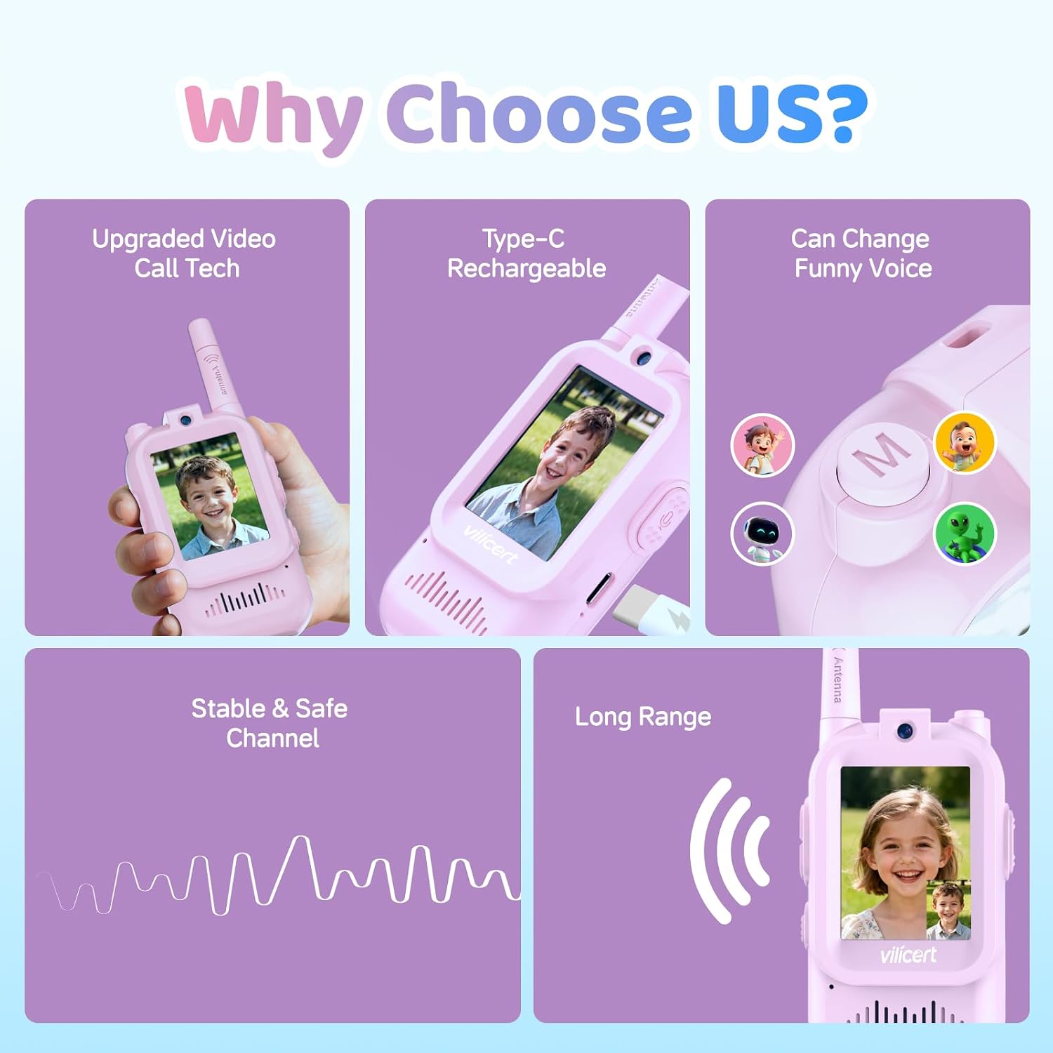 Detalle de vilicert Kids Video Walkie Talkies with Voice Changer, 11 Channels, Purple