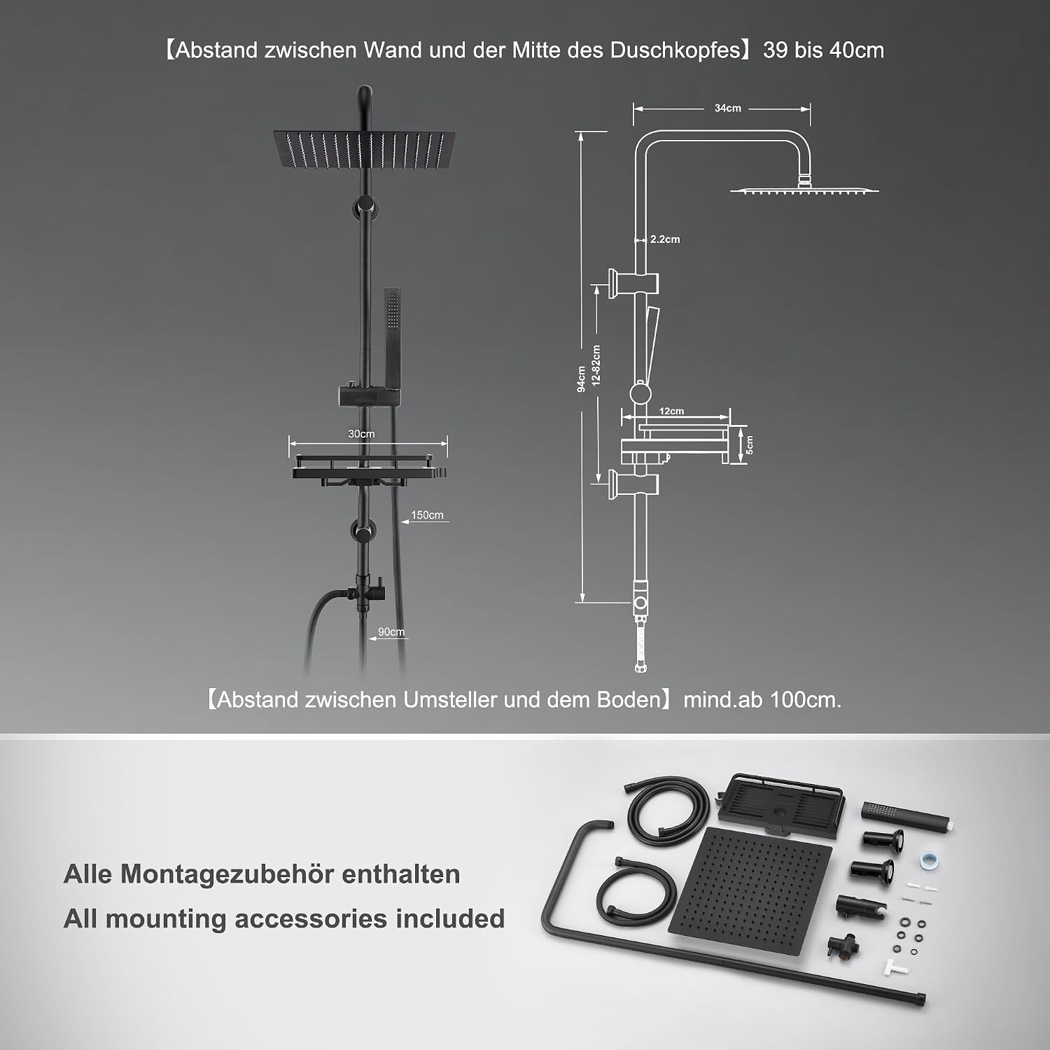 Detalle de Görbach Colonna Doccia in Acciaio Inox senza Miscelatore con Soffione 30×30 cm, asta regolabile e mensola, set doccia a pioggia Nero