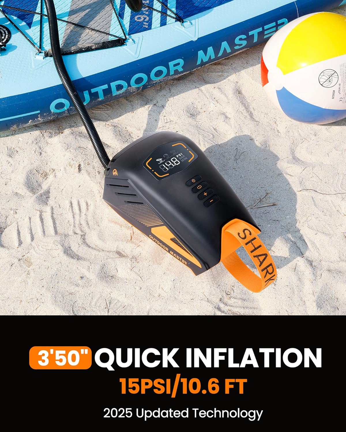 Detalle 2 de OutdoorMaster Shark 3 elektrische SUP-Pumpe mit Akku (bis 20 PSI, 3'50" pumpen, Type-C & 12V/15,8V)