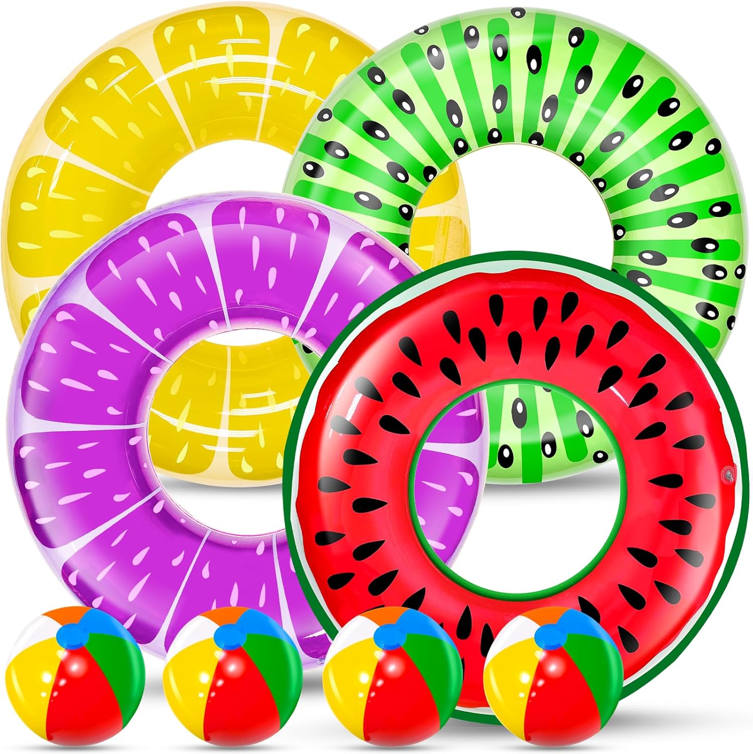 Detalle de 8 Pack Inflatable Pool Floats with Fruit Shapes and Rainbow Beach Balls