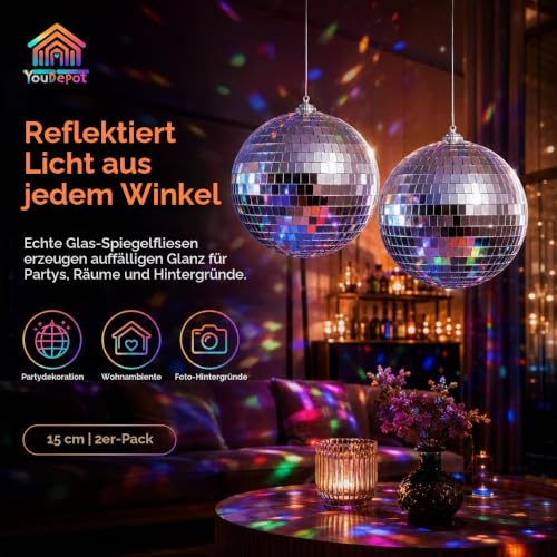 Thumbnail 4 de Youdepot Discokugel 2er Set, 15 cm - Silberne Spiegelkugeln zum Aufhängen