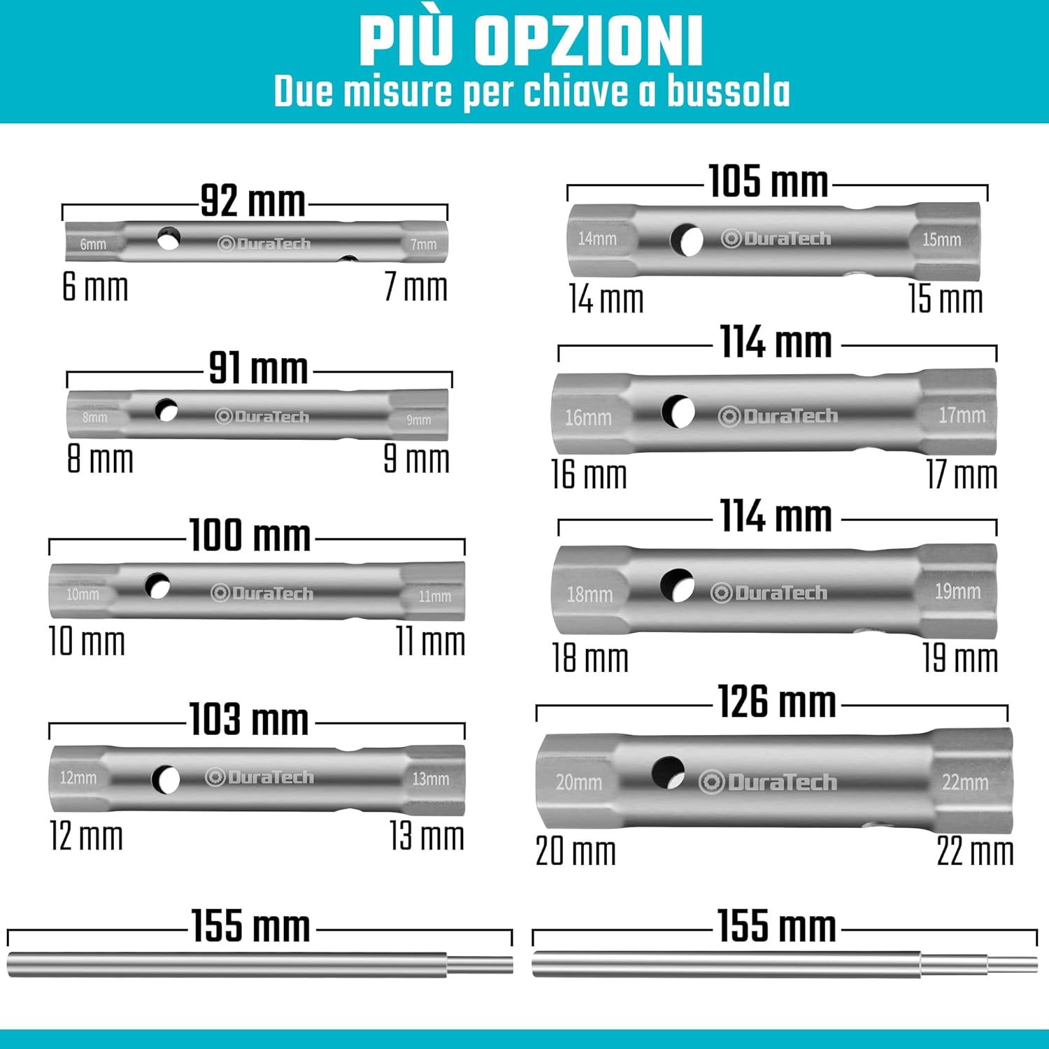 Detalle 2 de DURATECH set di 10 chiavi a tubo con 2 leve metriche 6–22 mm (doppia esagonale) per idraulica e veicoli