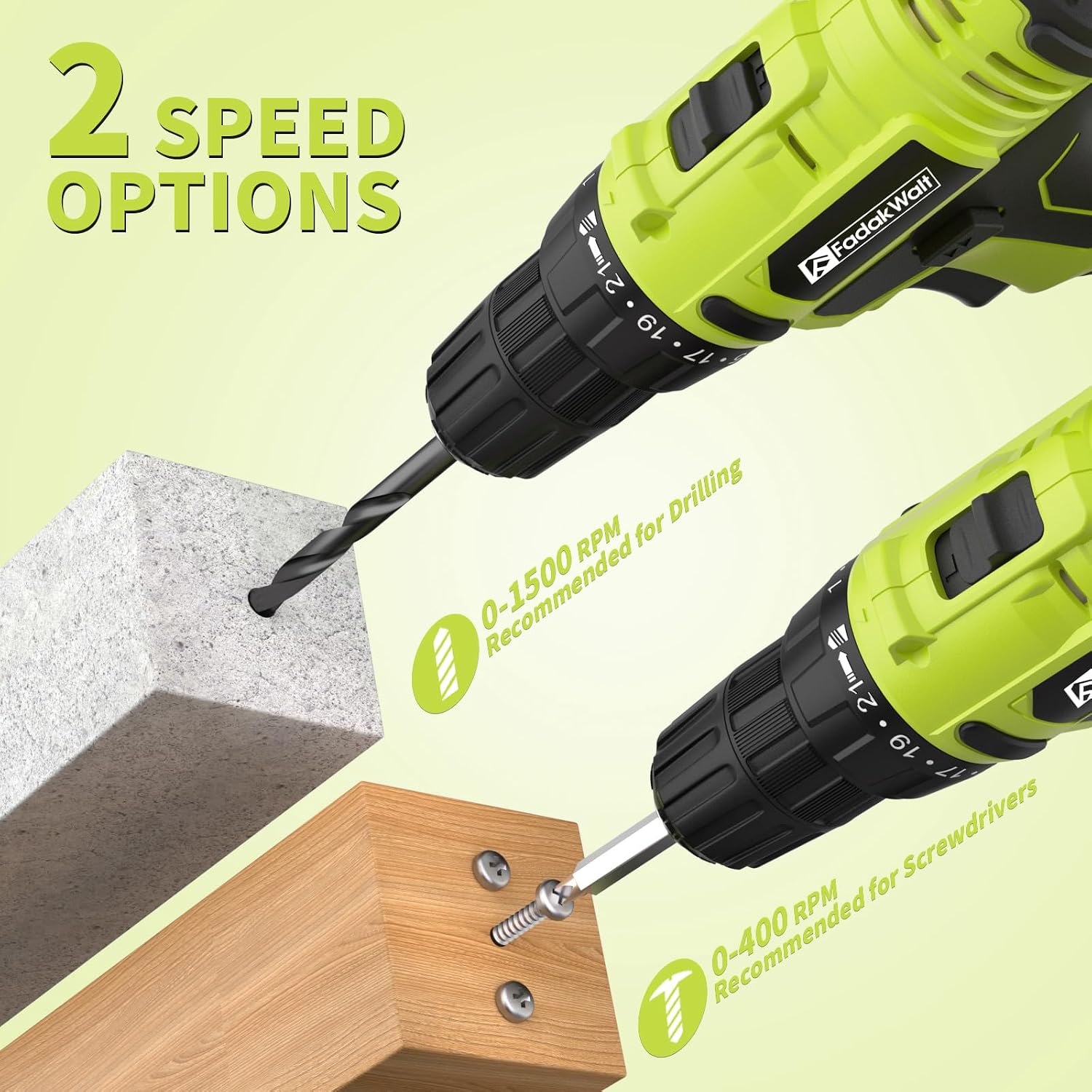 Detalle 2 de FADAKWALT 20V Cordless Drill: 2 Batteries, 34-Piece Kit for Home Projects