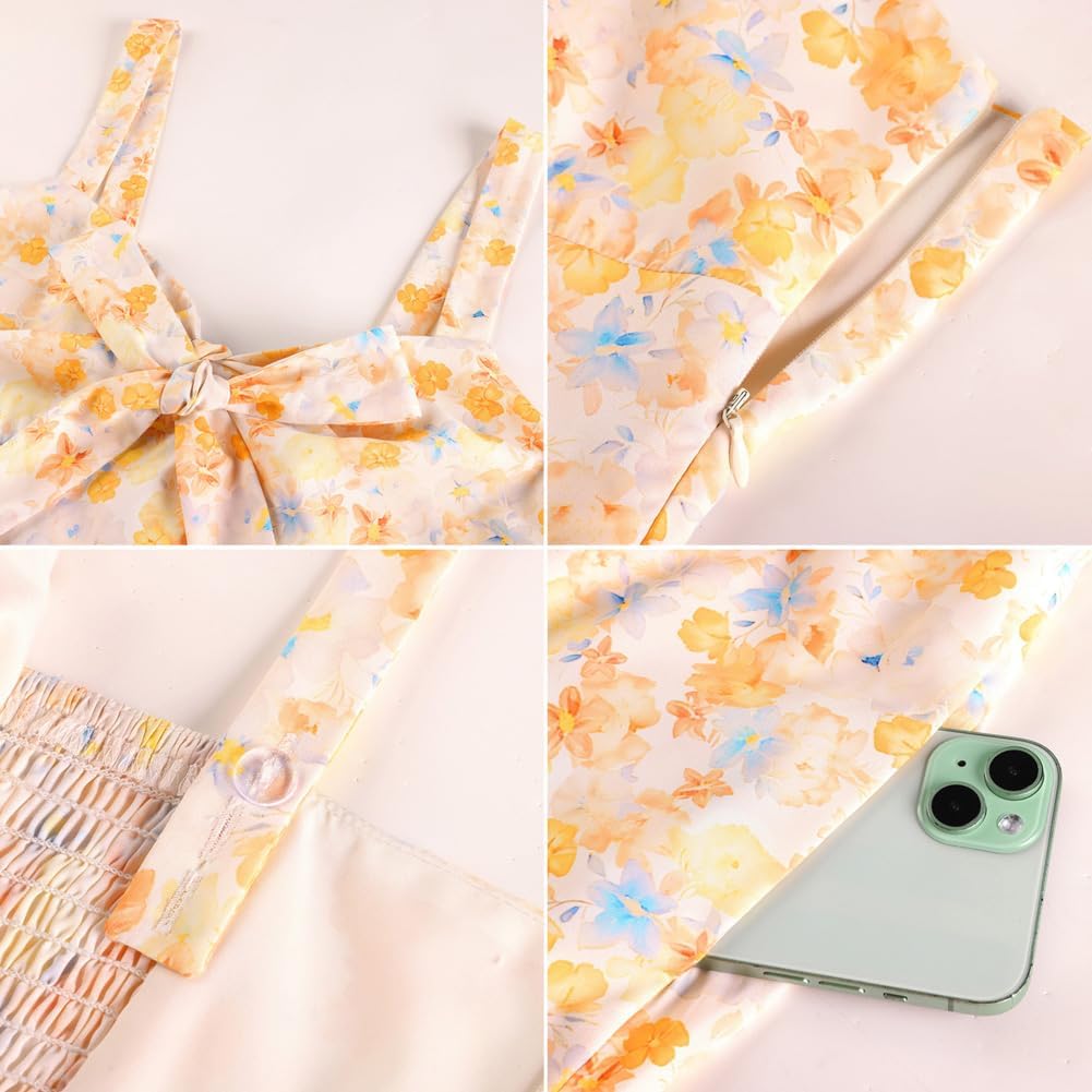 Detalle de Belle Poque Robe longue à fleurs pour femme – Nœud avant, Dos froncé, Bretelles spaghetti
