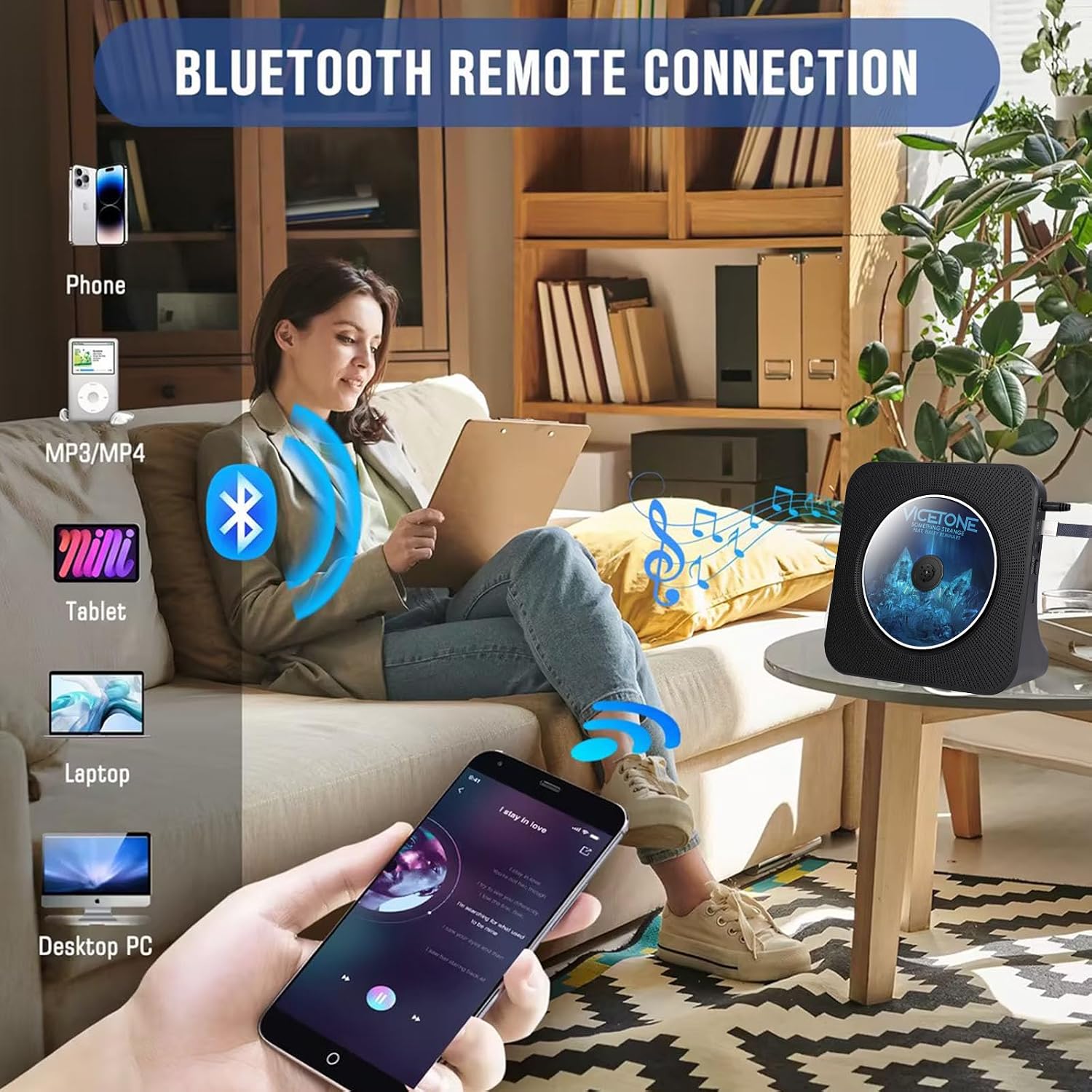 Detalle de Lecteur CD Bluetooth Design Bureau — Radio portable avec double haut-parleurs, timer et ports USB/AUX