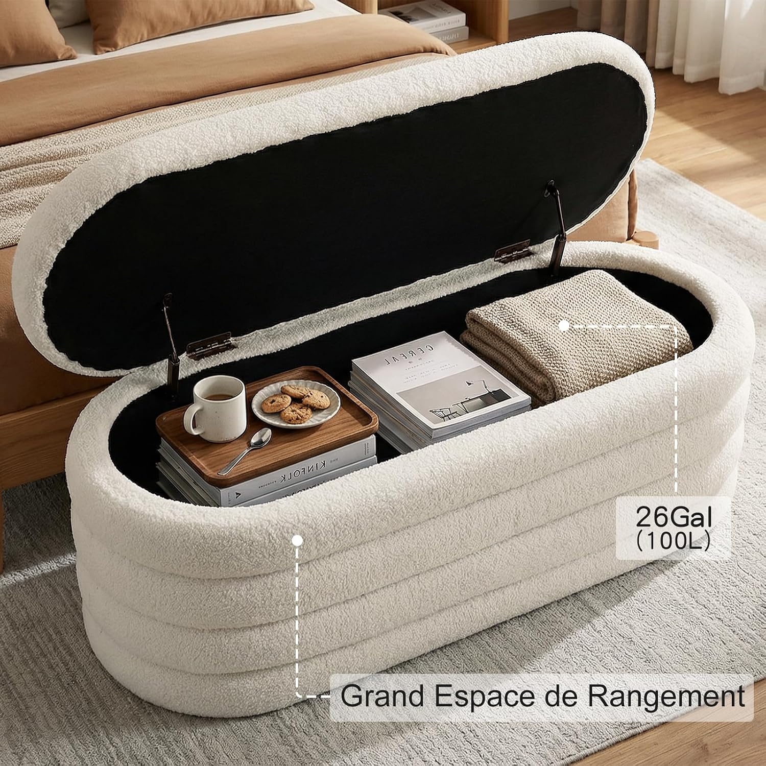Thumbnail 4 de Ckaff Panca Contenitore per Camera da Letto – Panca Fondo Letto, imbottita in Sherpa, bianco, 115 x 45 x 46 cm