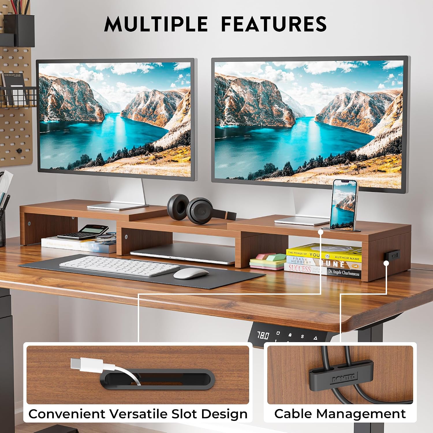 Thumbnail 1 de BONTEC Dual Monitor Stand Riser, Adjustable Walnut Desk Organizer