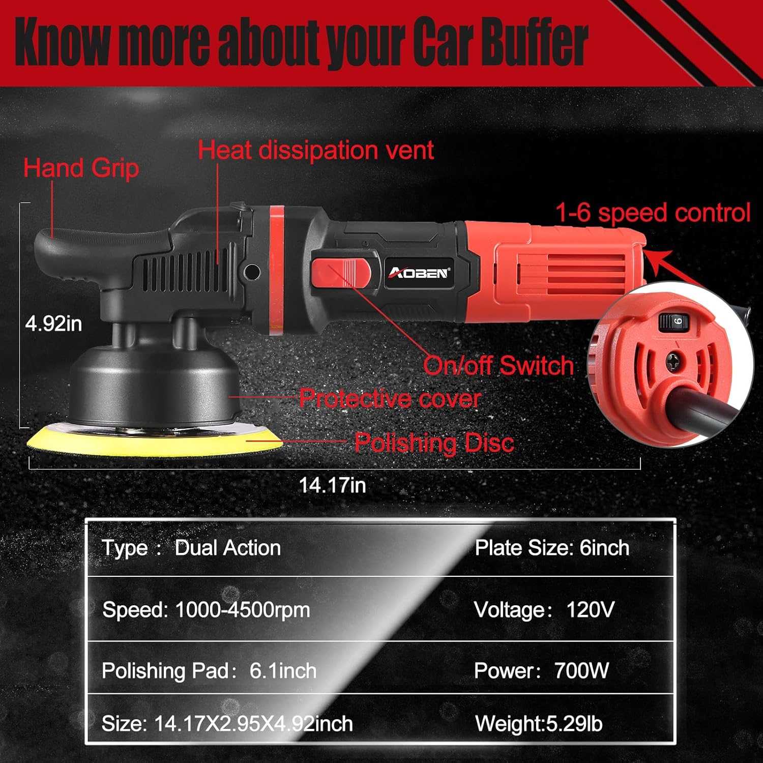 Detalle 2 de AOBEN 6 inch Dual Action Car Polisher 700W