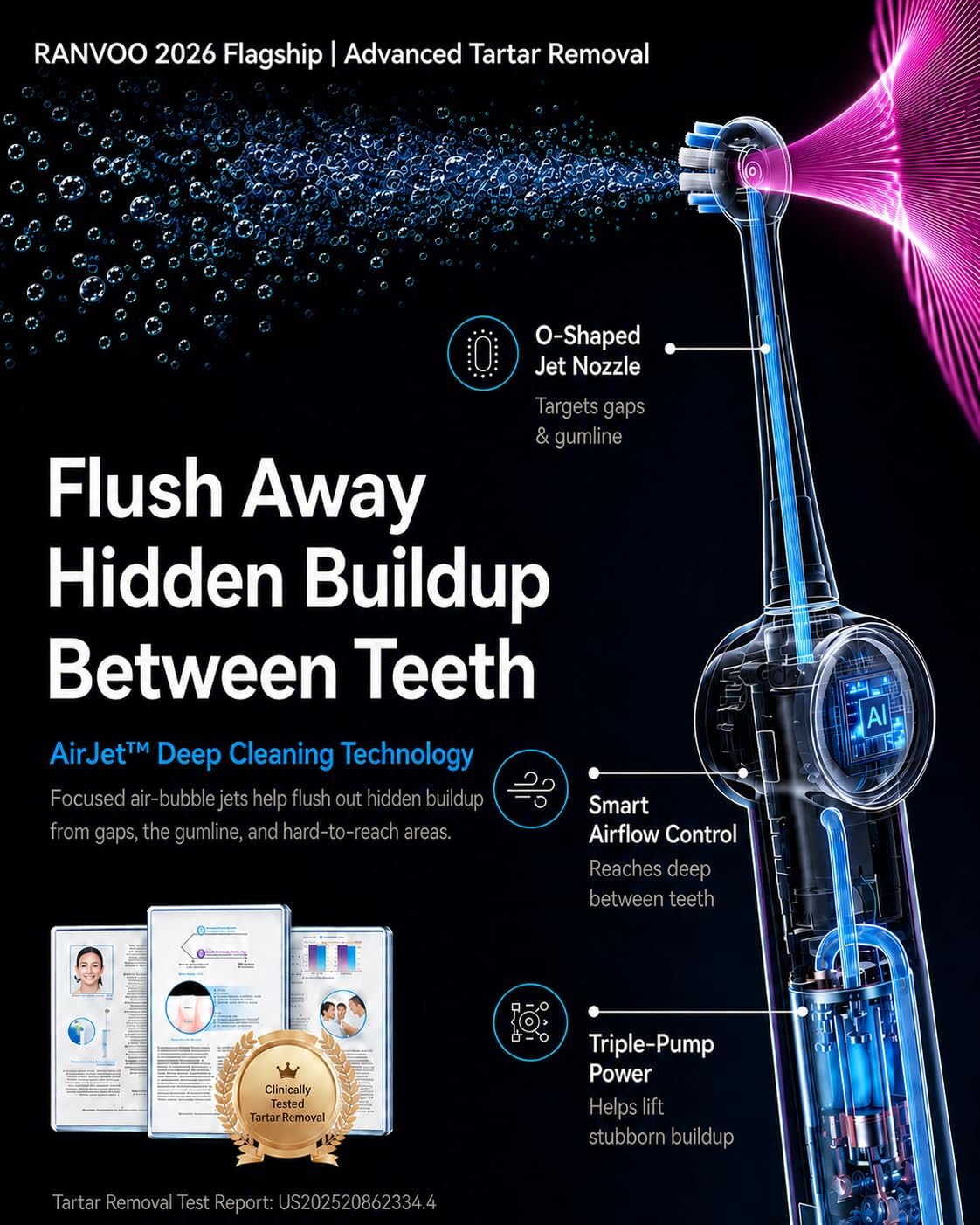 Detalle de RANVOO AirJet X5 Sonic Electric Toothbrush (AirJet Jet-Flow, 60-Day Battery, 3 Pro Brush Heads) in Space Gray