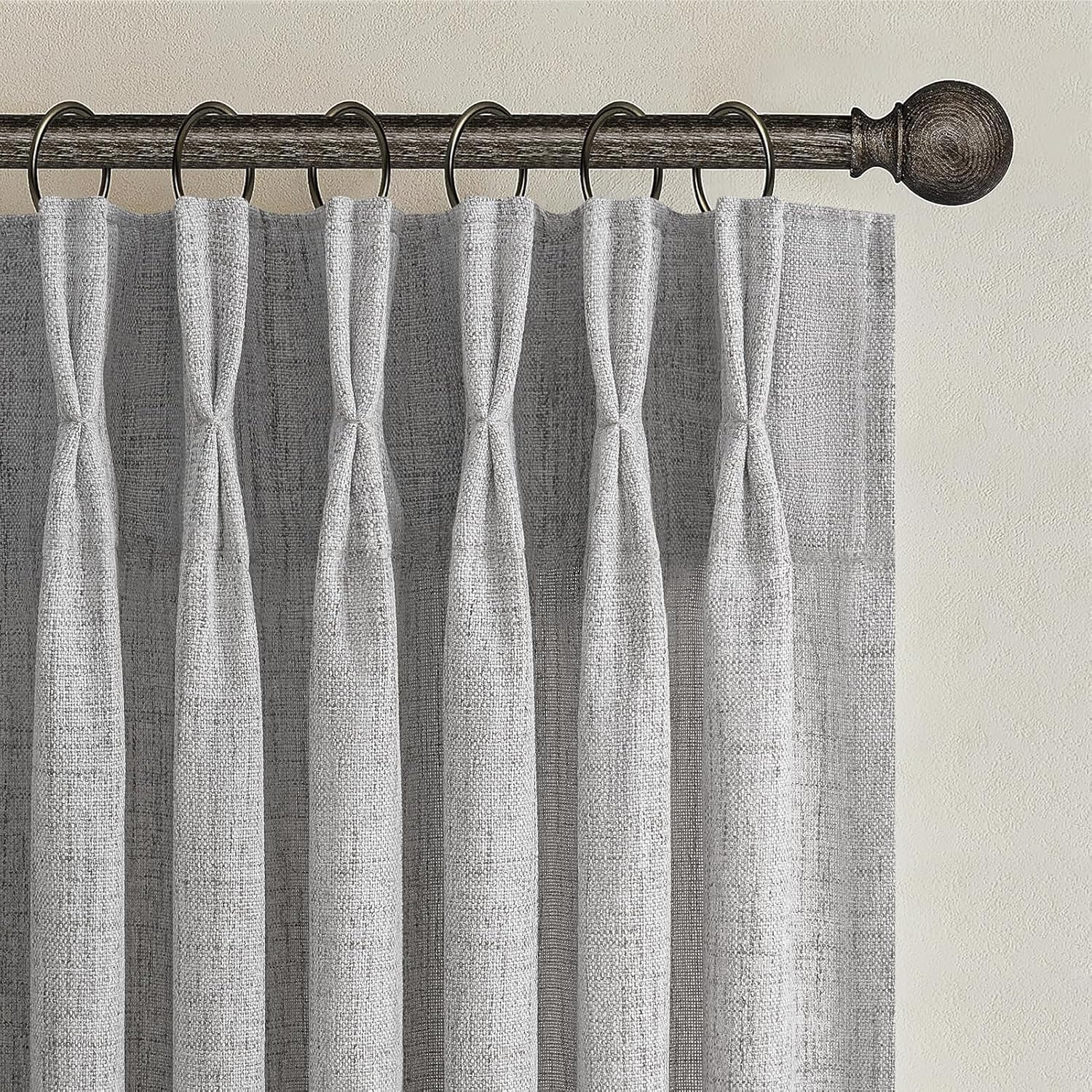 Detalle de Unique Light Grey Pinch Pleat Thick Natural Linen 86 Inch Curtain Set (2 Panels) with Memory Pleats and Back Tab