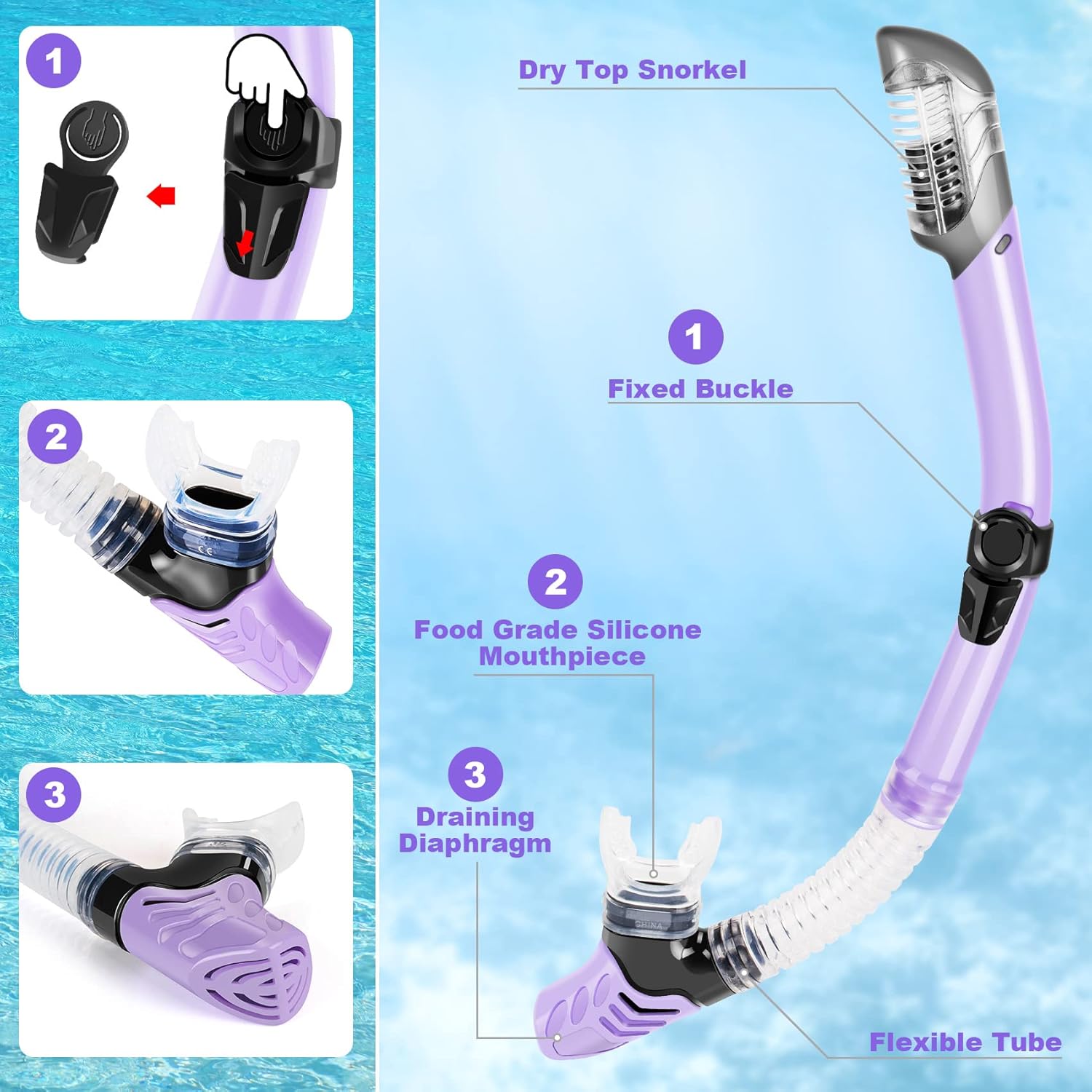 Detalle de ZEEPORTE Mask Fin Snorkel Set (Travel Size) with Panoramic Anti-Fog Mask, Dry Top Snorkel, Trek Fins & Gear Bag