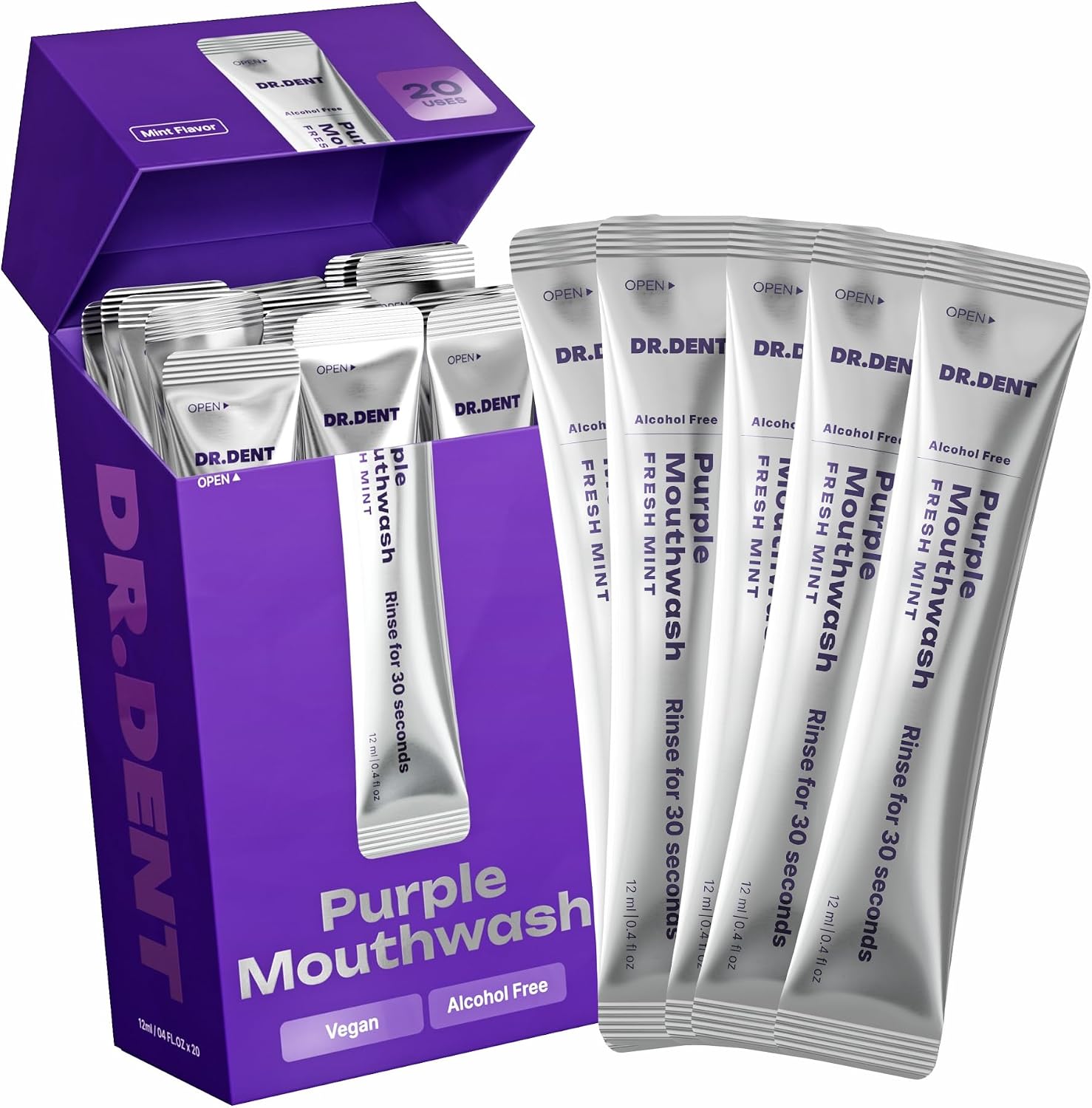 DR.DENT Purple Mouthwash for Teeth Whitening – Color Correcting, Peroxide-Free, 20 Sachets
