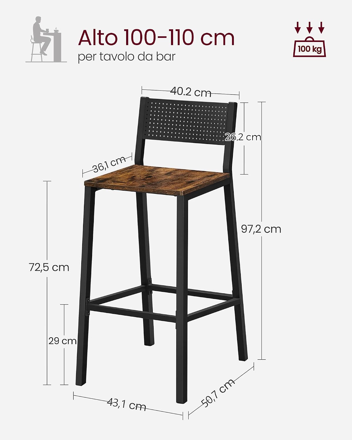 Detalle de VASAGLE LBC070B01 Sgabelli cucina 130 kg