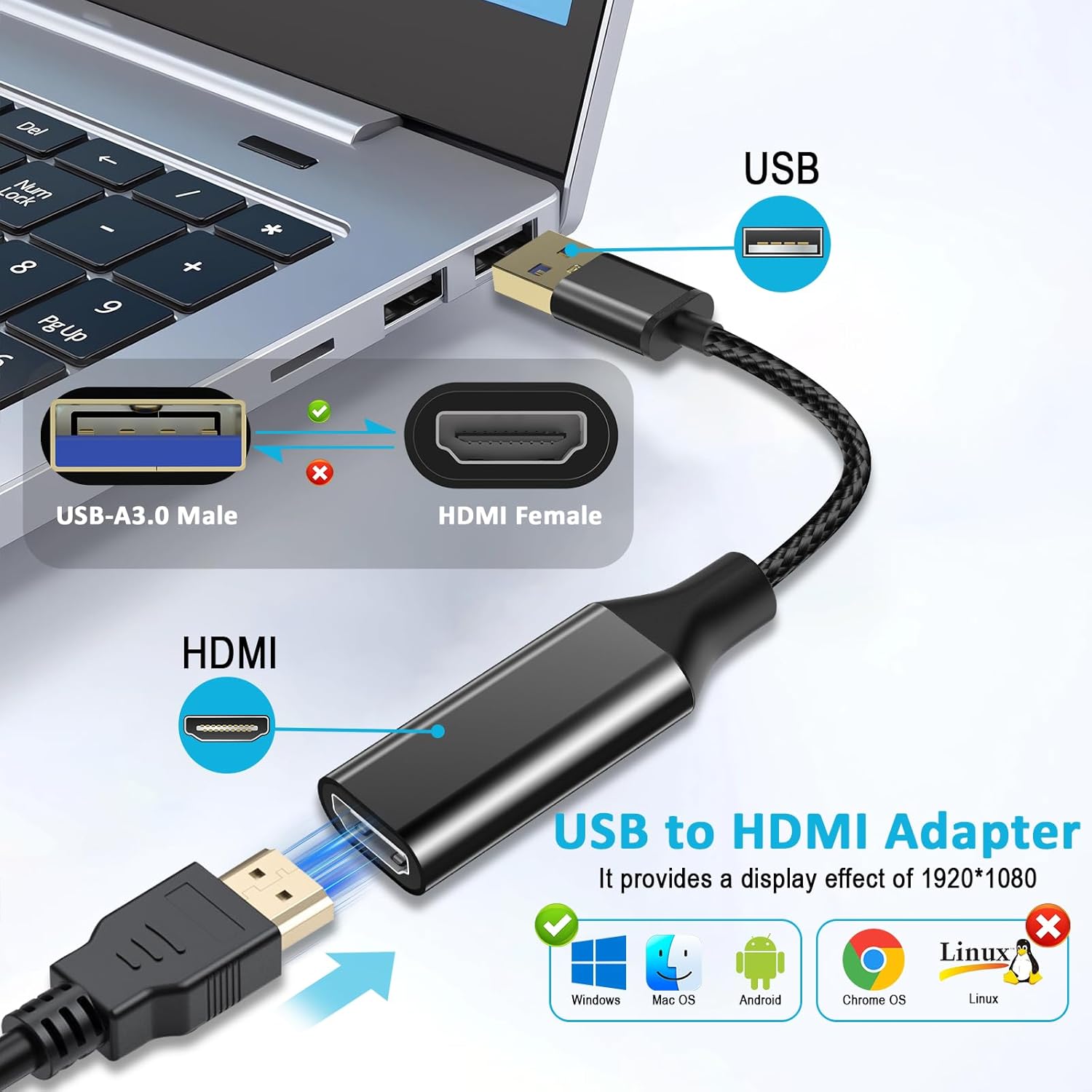 Thumbnail 1 de Herfair USB to HD Adapter for Monitor — USB 3.0/2.0 to 1080p HDMI Output