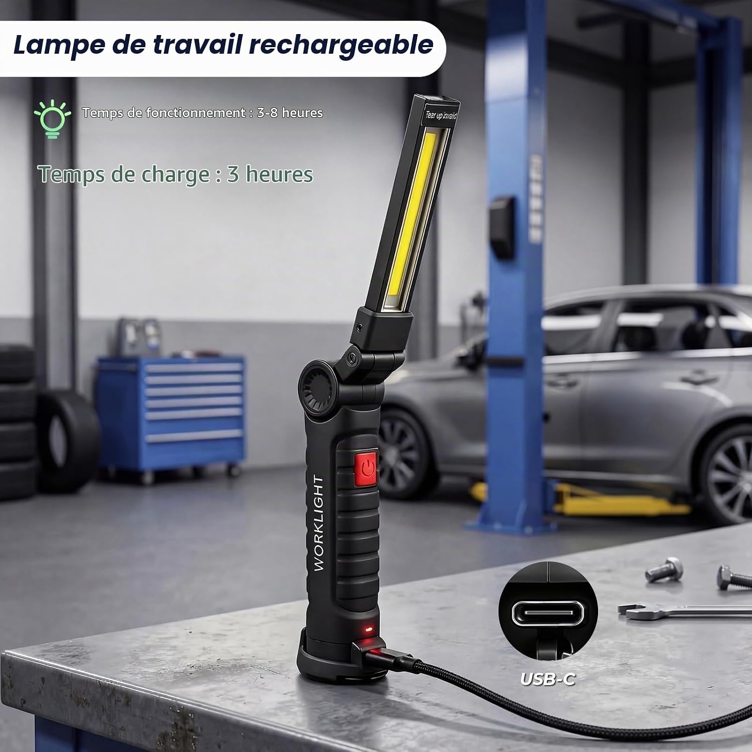 Detalle de daphomeu set van 4 LED-werklampen met USB-C, magneet en haak