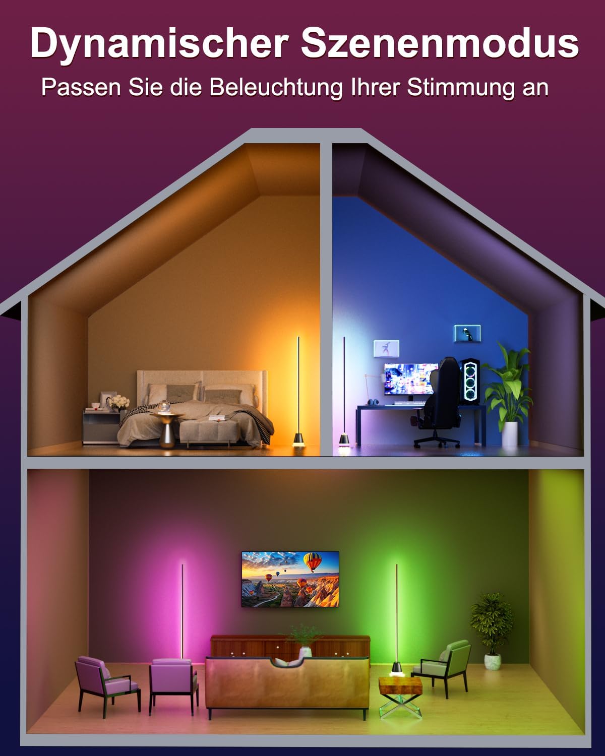 Detalle de Keepsmile Smart Corner Stehlampe – 16 Mio. Farben, App & Fernbedienung, Musik-Sync, dimmbar