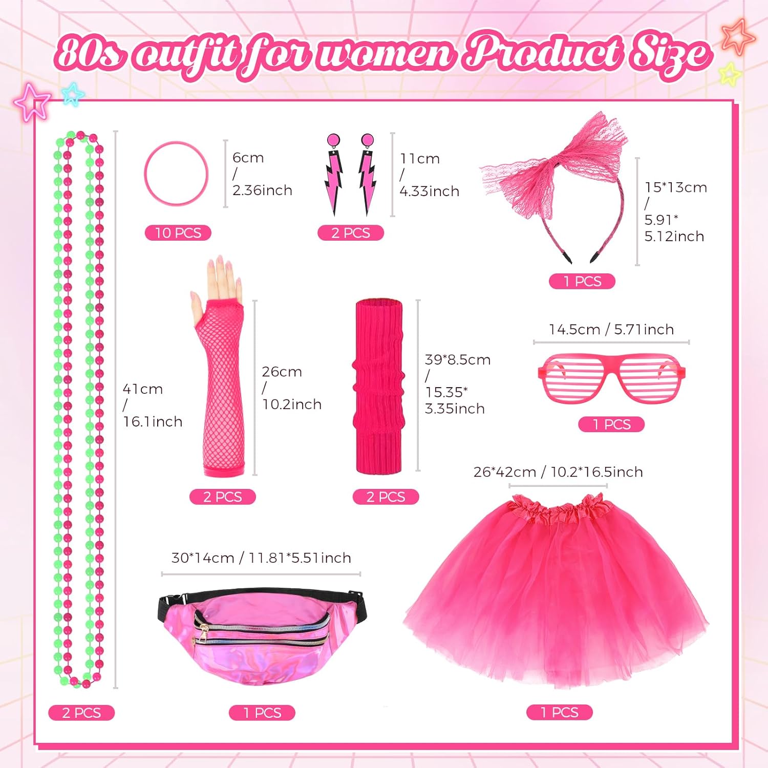 Thumbnail 1 de HuiJuKeJi 80er Jahre Outfit Damen Set mit Neon-Accessoires (24-teilig)
