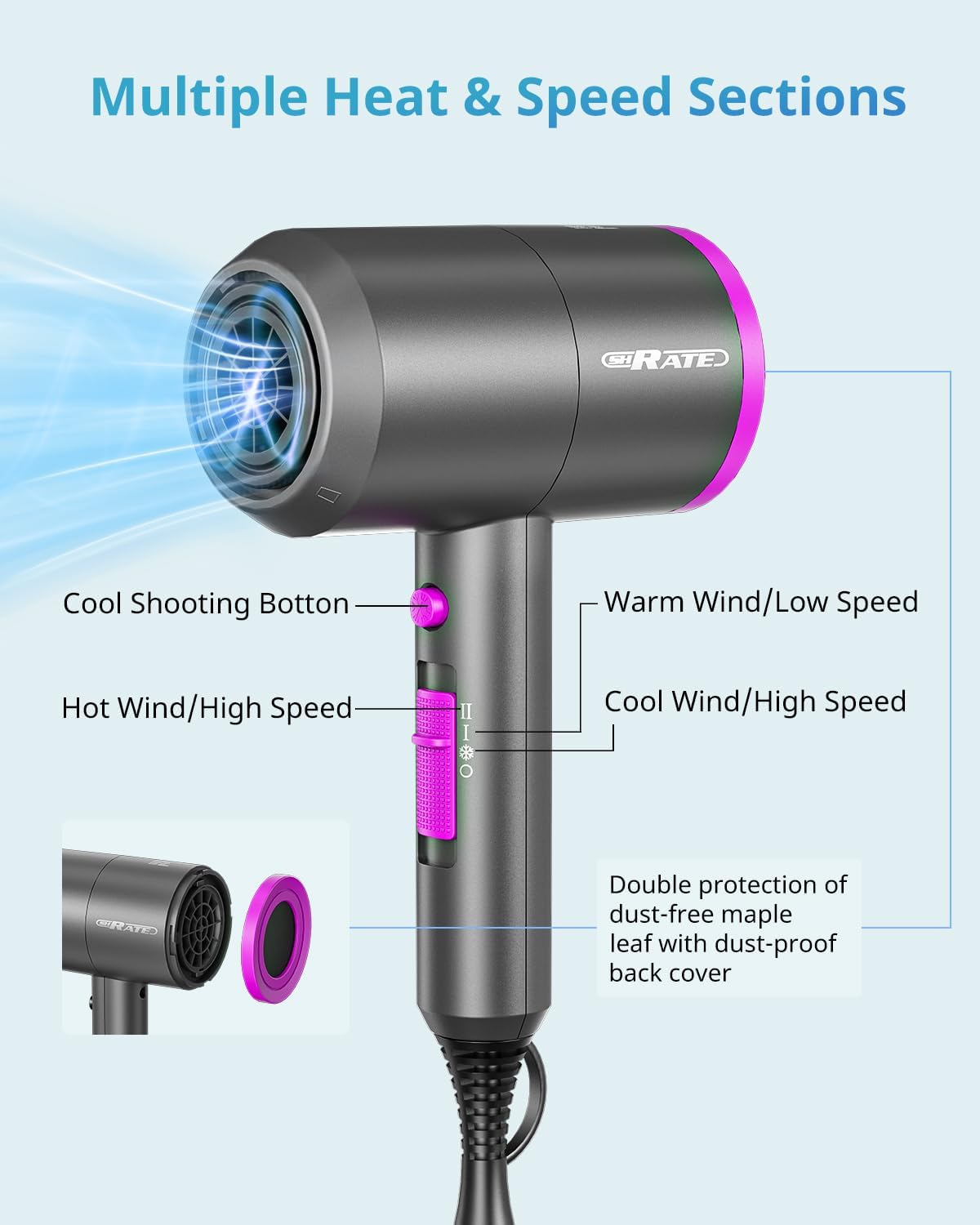 Thumbnail 6 de SHRATE Ionic Hair Dryer, 1,800W with Diffuser and Three Styling Attachments