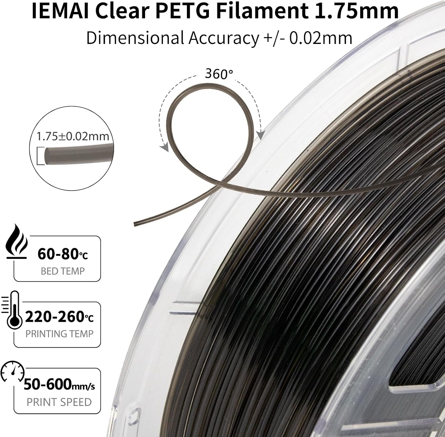 Thumbnail 6 de IEMAI PETG Filament 1,75 mm – Transparent Rauchgrau, 1 kg, Hochgeschwindigkeits-Druck