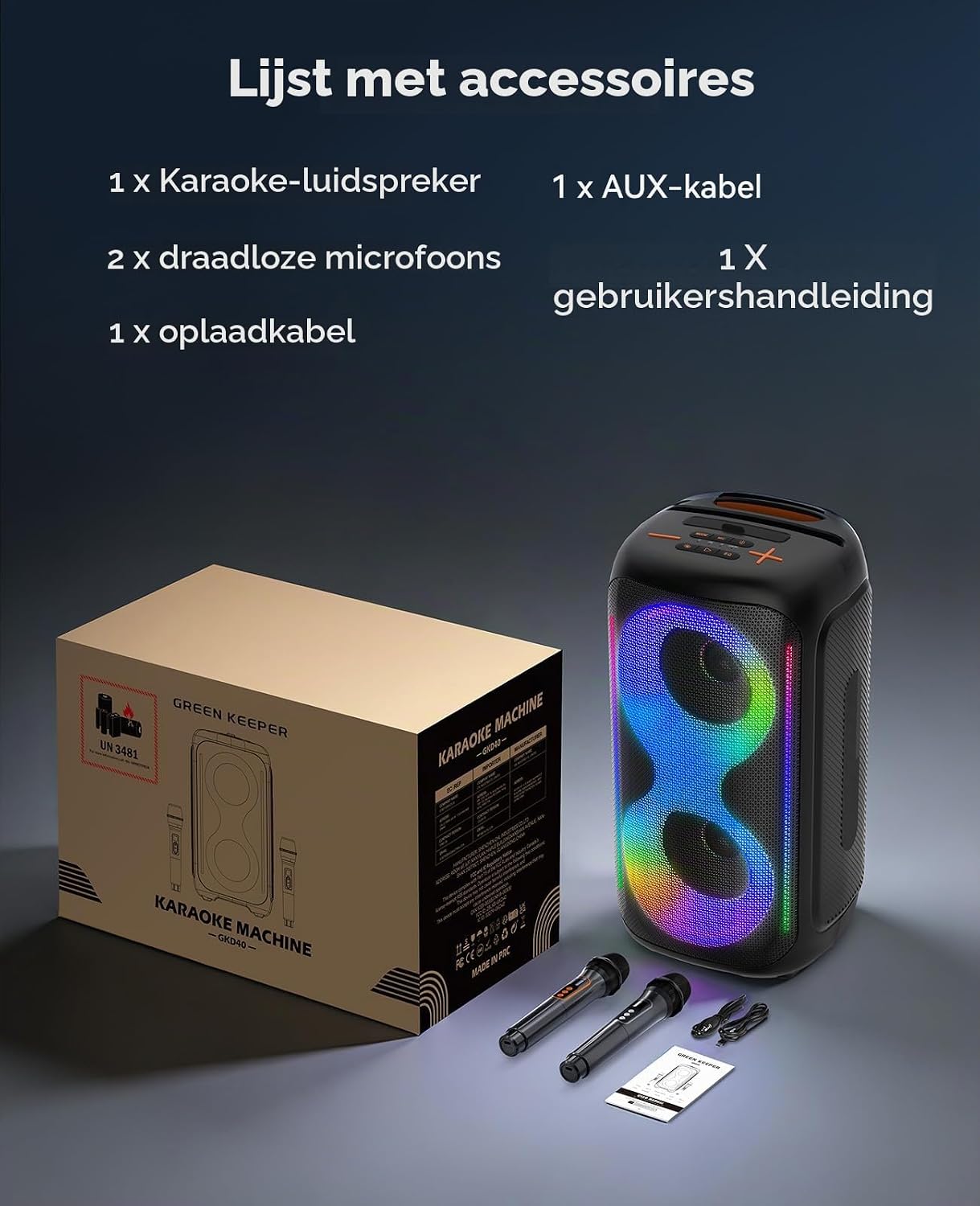 Thumbnail 6 de GREEN KEEPER GKD40 karaoke-speaker met 2 draadloze microfoons en ledlicht