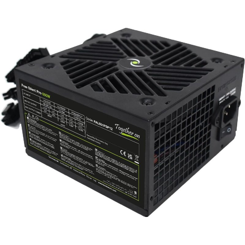 Detalle de Tecnoware Free Silent Pro ATX 650W, fuente con ventilador silencioso y conectores PCI-E