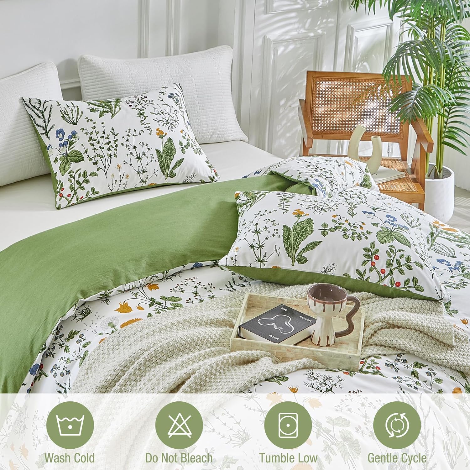 Thumbnail 3 de Lekesky 200 Thread Count Cotton Super King Duvet Set with Floral Green Pattern