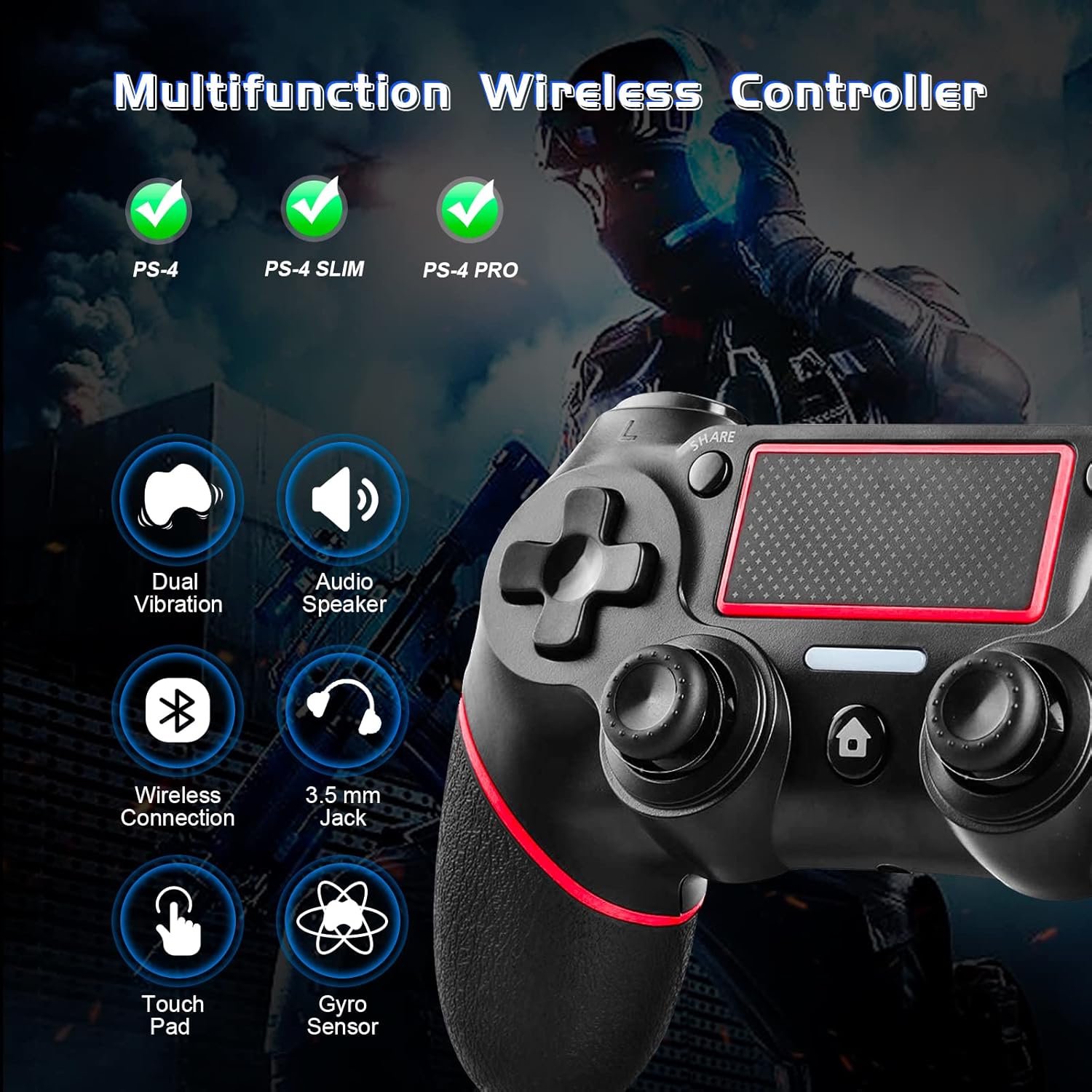 Detalle de Holilo Controller wireless per PS-4: compatibile con PS4/Pro/Slim, vibrazione doppia e touch panel