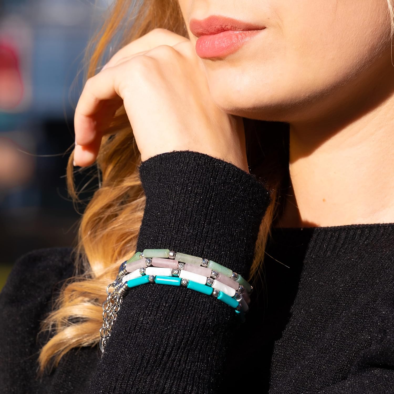 Thumbnail 2 de 10:10 Bracciale Uomo Donna: pietre naturali cilindriche e perle diamantate in acciaio inox anallergico
