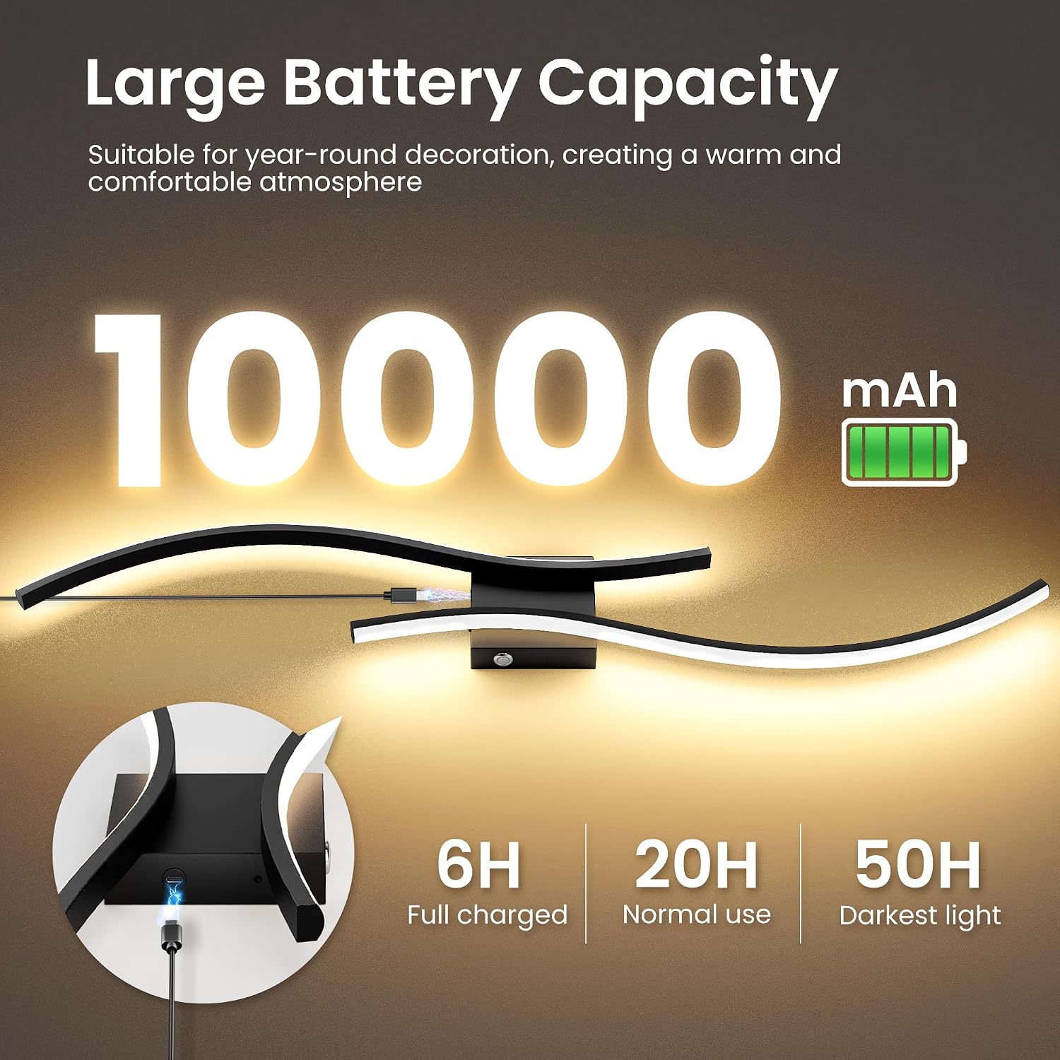 Thumbnail 1 de AUDERWIN 10000mAh Rechargeable Wall Sconces, Set of 2, Black, 3CCT