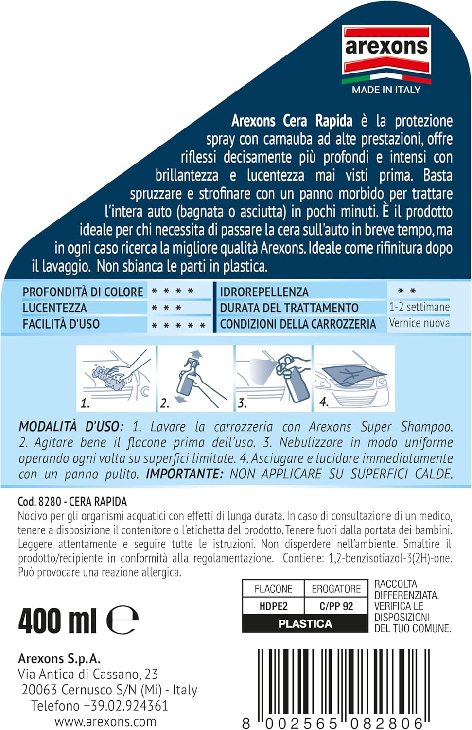 Detalle 2 de AREXONS 8280 Cera Rapida, 400 ml – lucidante protettivo facile da usare