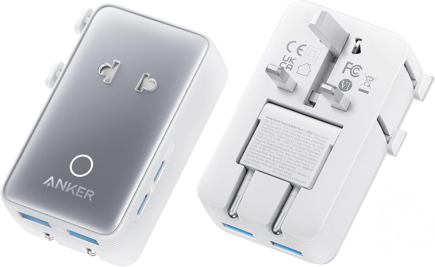 Detalle de Anker Universal Travel Adapter 5-in-1 for UK/EU/US/AU – 20W USB-C, 4 USB Ports, Compact Plug Converter