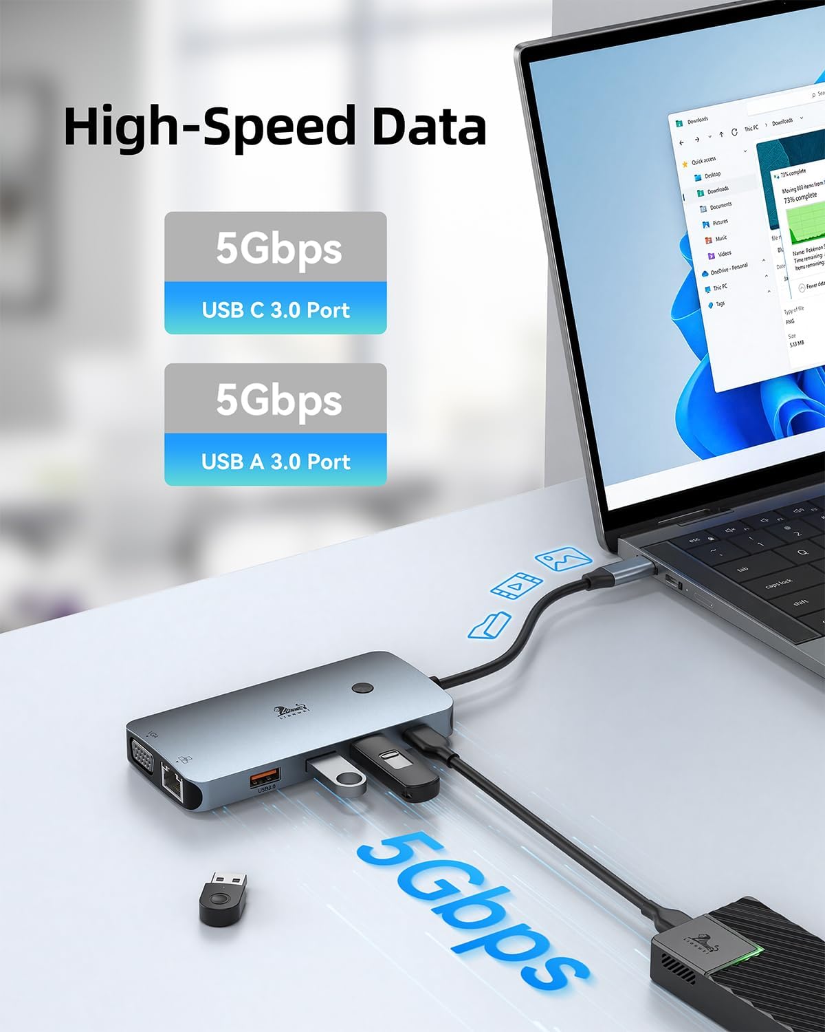Detalle 2 de LIONWEI 9-in-1 USB-C Docking Station with Dual 4K HDMI, DP, VGA and 100W PD