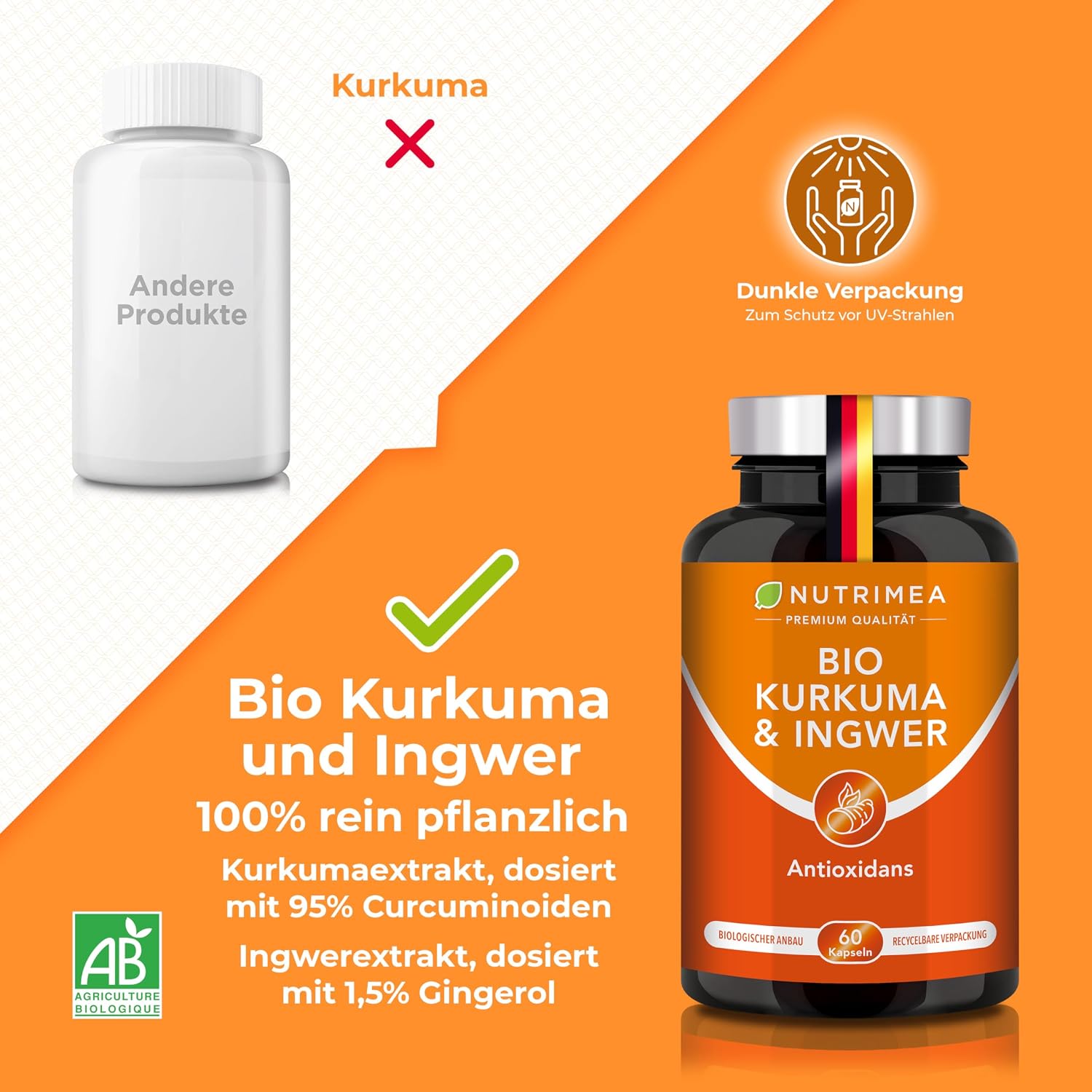 Detalle de Kurkuma Bio Komplex von Nutrimea – 153 mg Curcuminoide (95%), hochdosiert, vegan mit Ingwer, 60 Kapseln