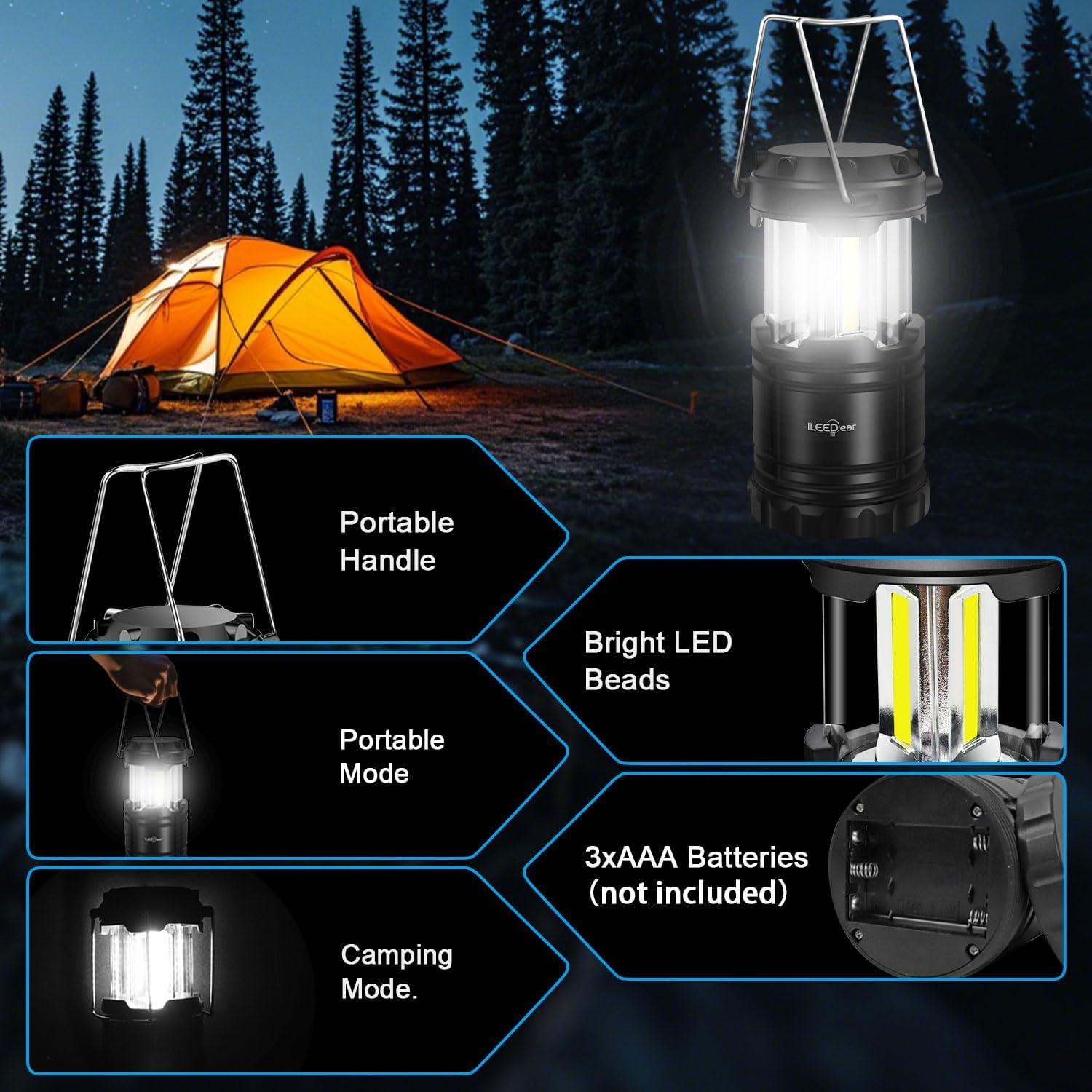 Detalle de ILEEDear Camping Battery Operated Lantern (Pack of 2) – Foldable Ultra Bright LED Lamp for Hiking, Emergencies and Power Failures