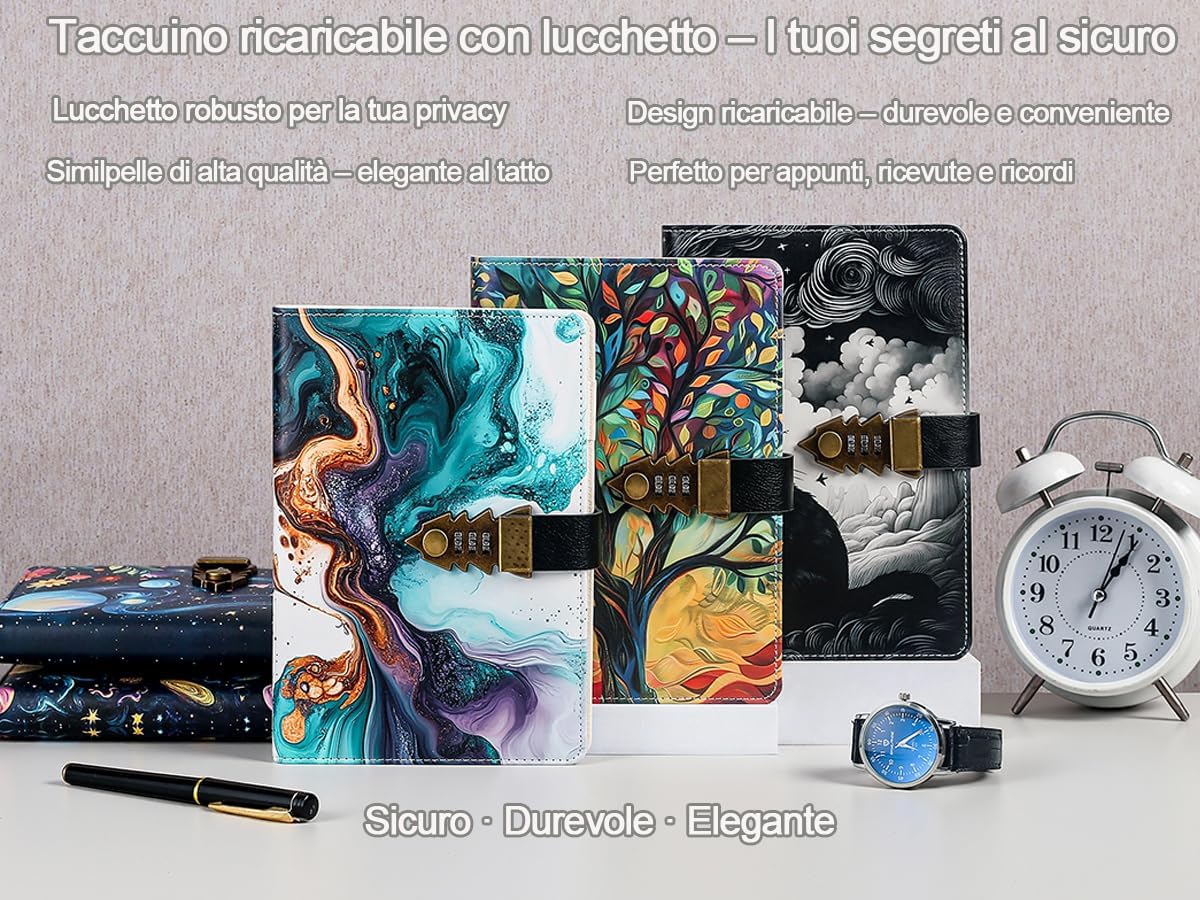 Thumbnail 3 de HwxBen Diario segreto con chiusura a codice – formato A5, 244 pagine, copertina in pelle PU elegante