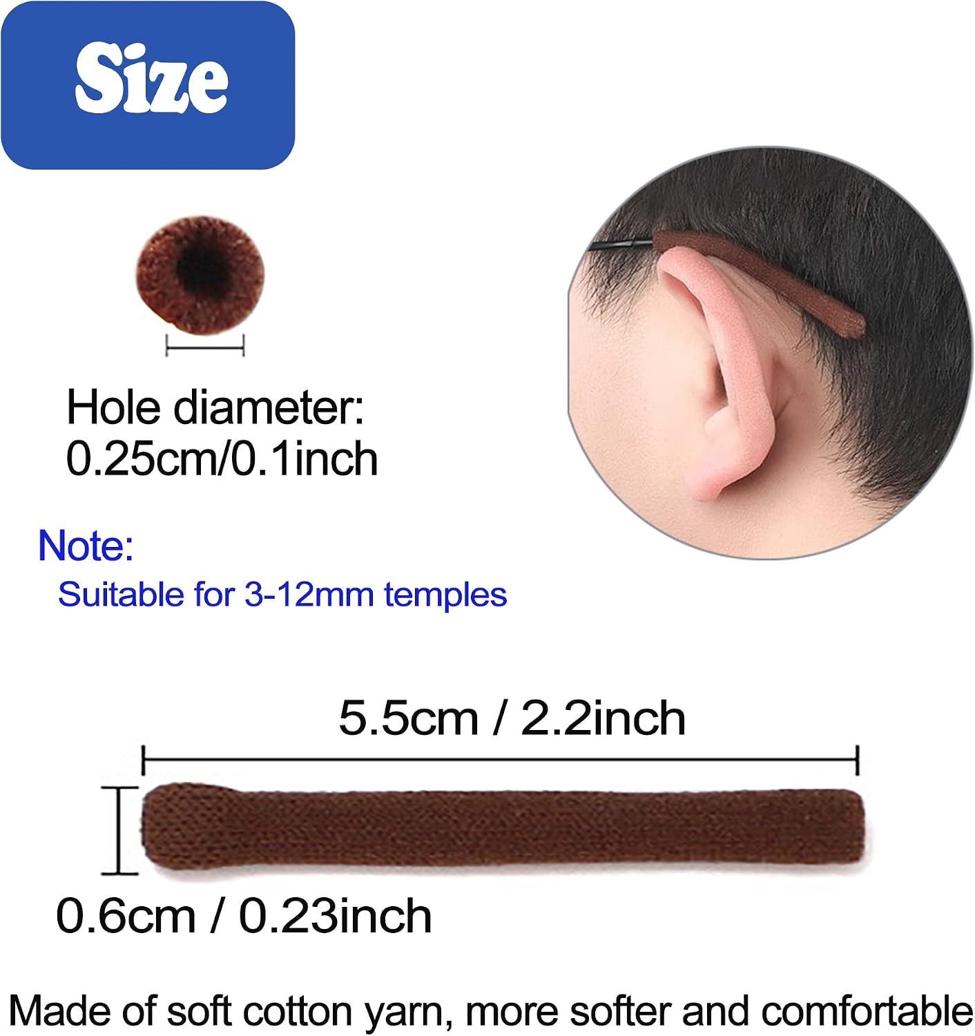 Detalle de Omnful Brown Cotton Eyeglass Temple Sleeves, Anti-Slip Ear Cushions, 2 Pairs