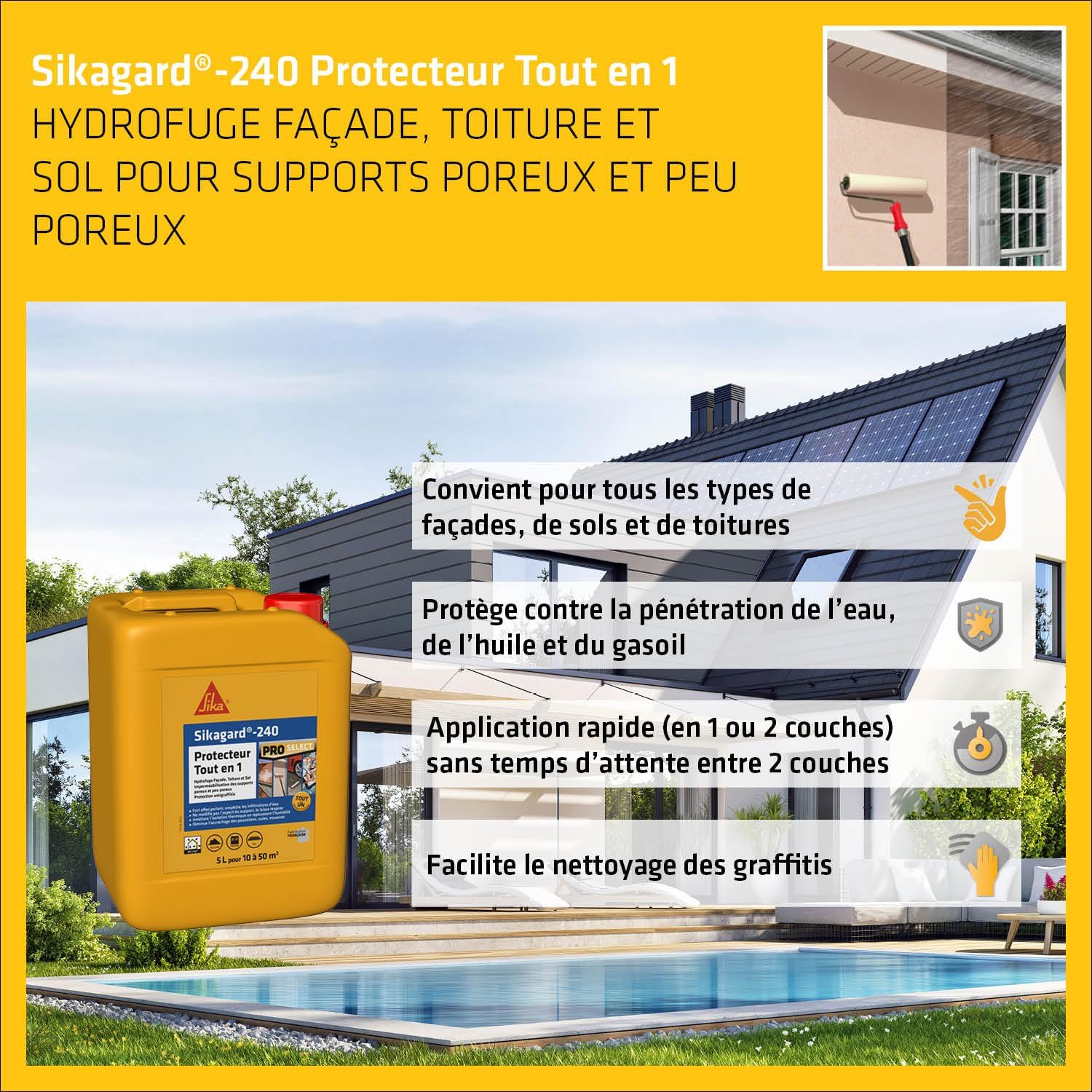 Thumbnail 3 de Sika Sikagard 240 Protecteur Tout en 1 – Protection hydrofuge prêt à l’emploi pour façades, murs, toitures et sols (5 L)
