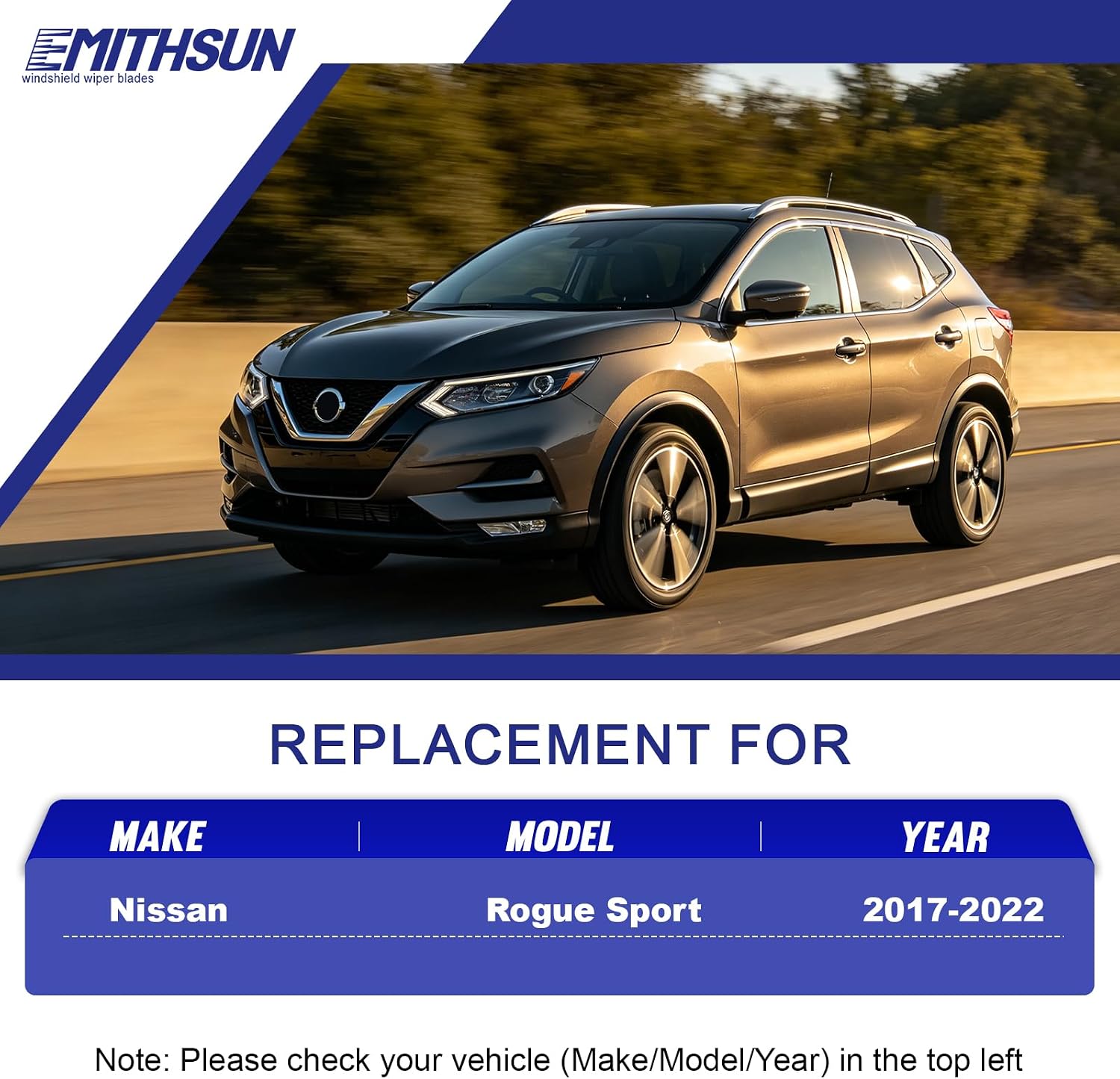 Detalle 2 de EMITHSUN Windshield Wiper Blades Replacement Set for Nissan Rogue Sport (2017-2022) — Front/Rear, 3-Blade Kit (28" + 18" + 12")