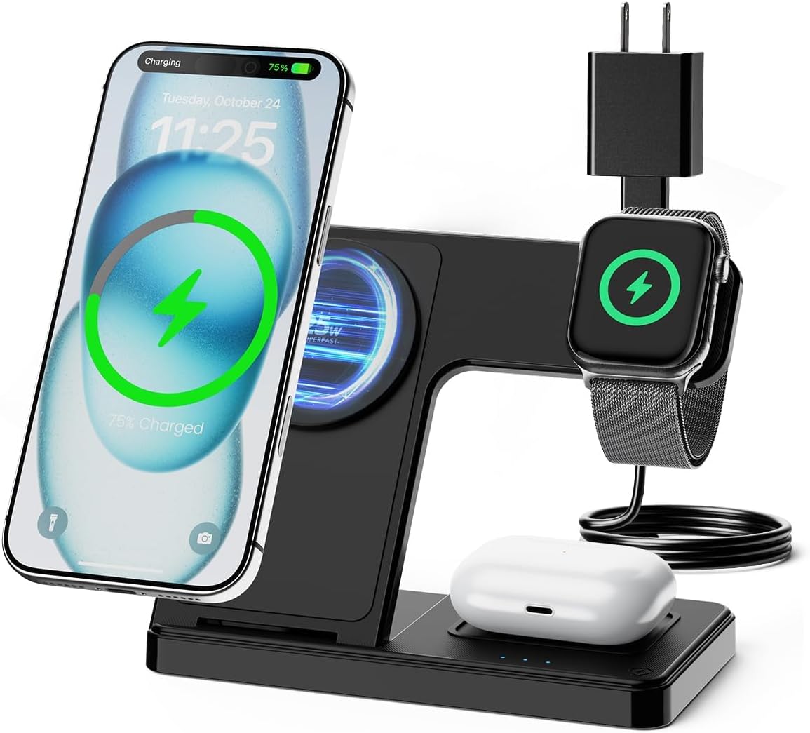 Detalle de MagSafe Charger 25W Magnetic 3-in-1 Wireless Charging Station for Apple (Phone, Watch, AirPods)