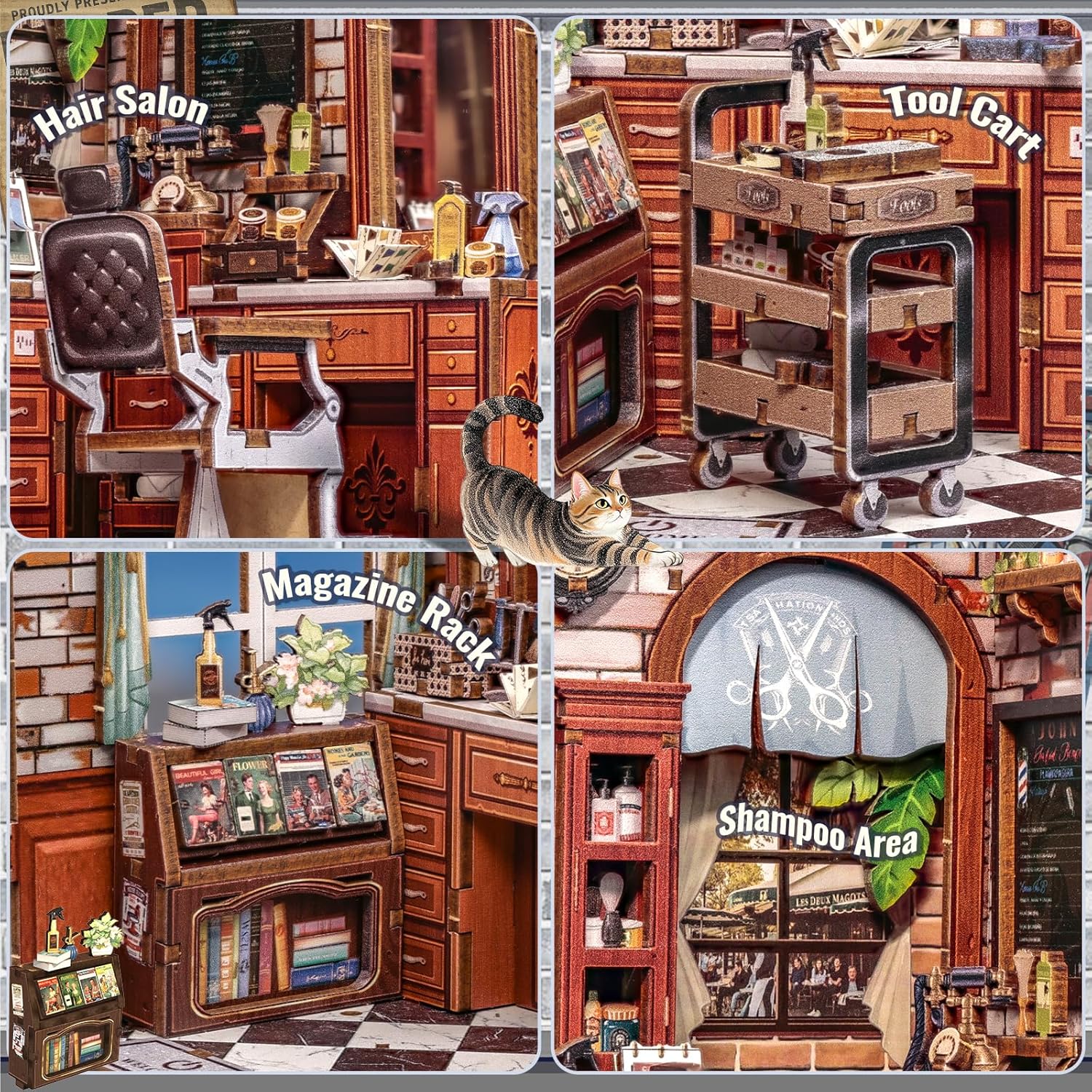 Thumbnail 4 de CUTEBEE Book Nook Kit „John's Hair Salon“ – Miniatur-Puppenhaus mit LED-Beleuchtung & 3D-Holz-Puzzle